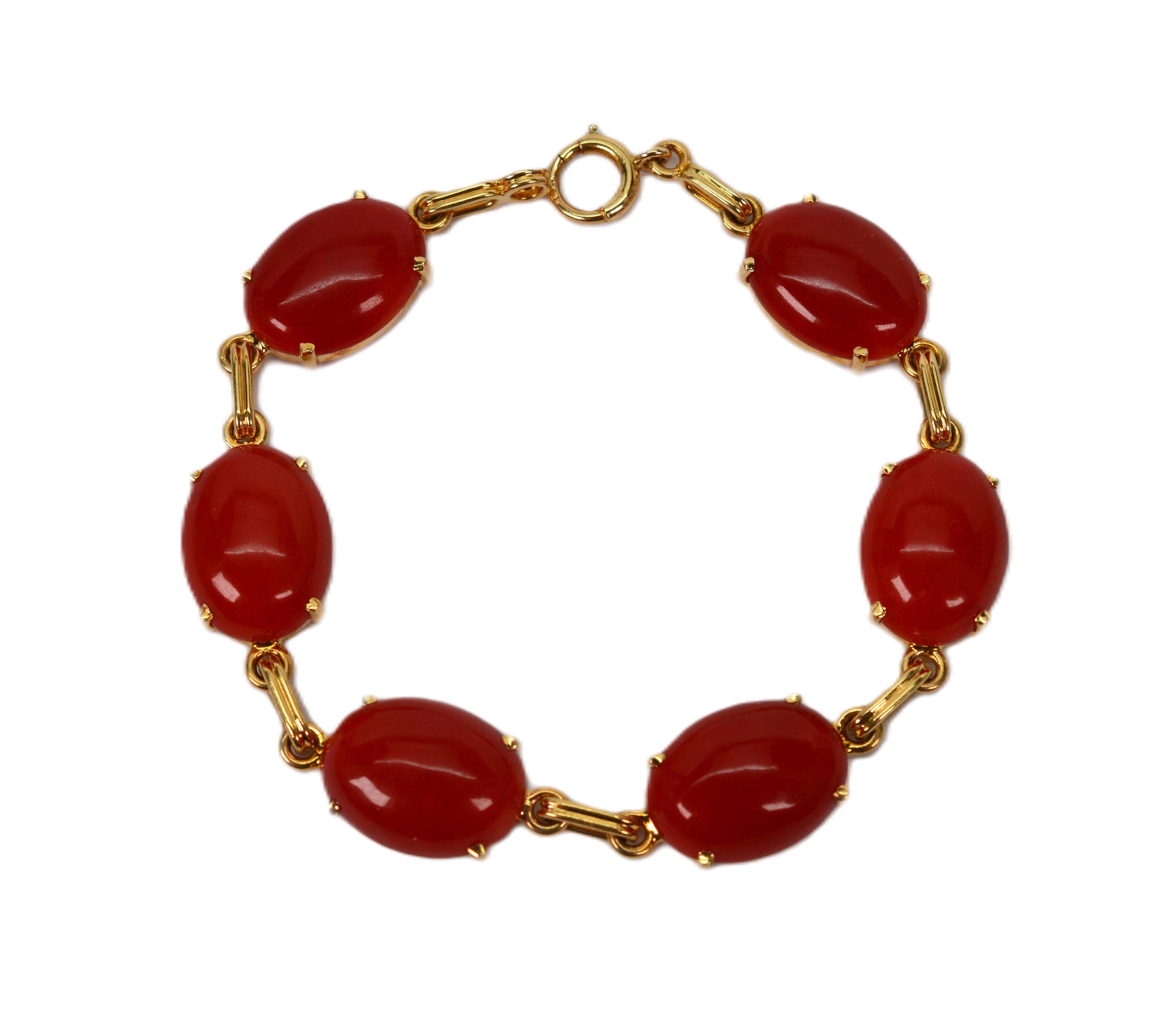 Women's Sardinian Coral Cabochon 14 Karat Yellow Gold Link Bracelet