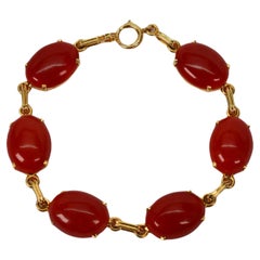 Sardinian Coral Cabochon 14 Karat Yellow Gold Link Bracelet