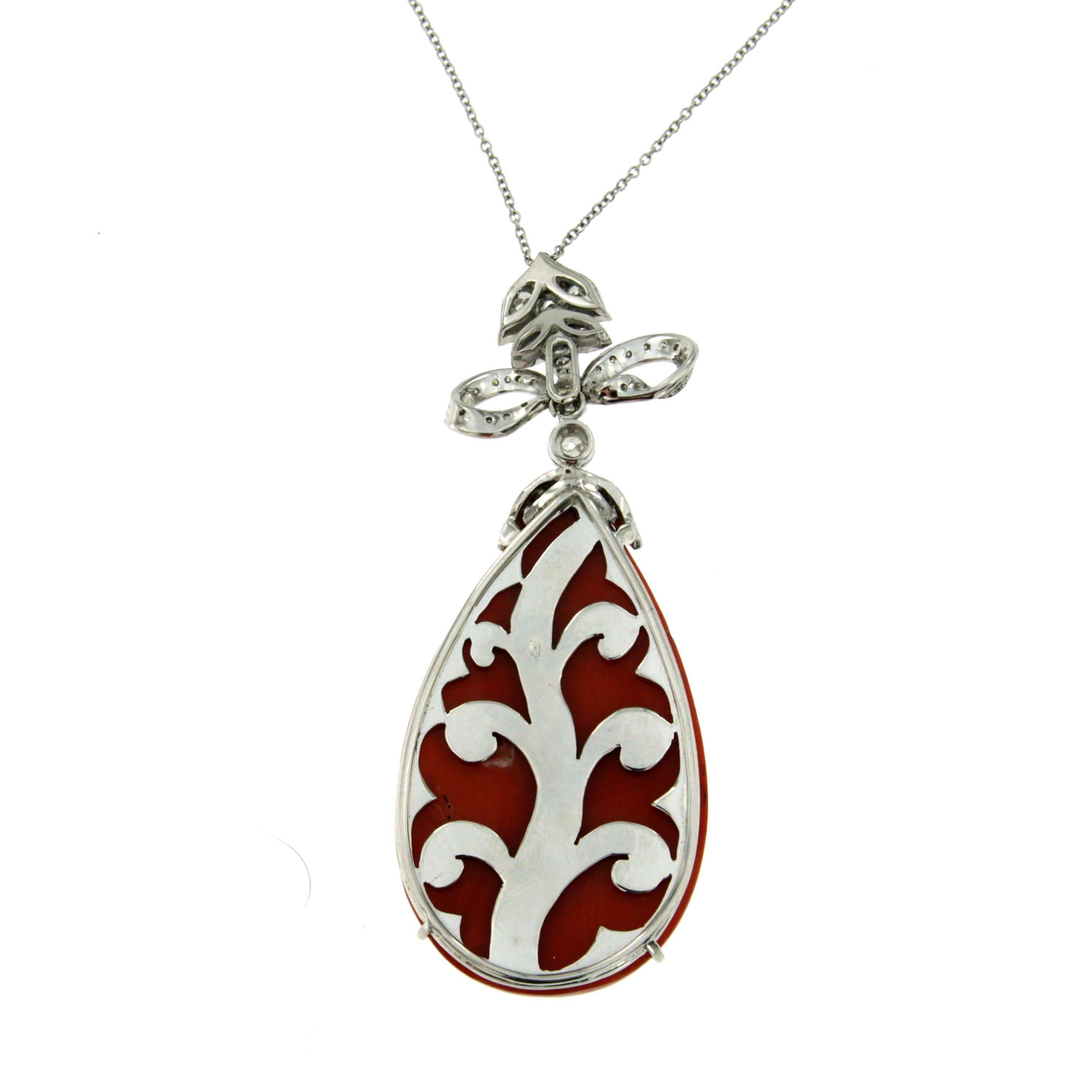 Women's Sardinian Coral Diamond Drop Gold Pendant For Sale