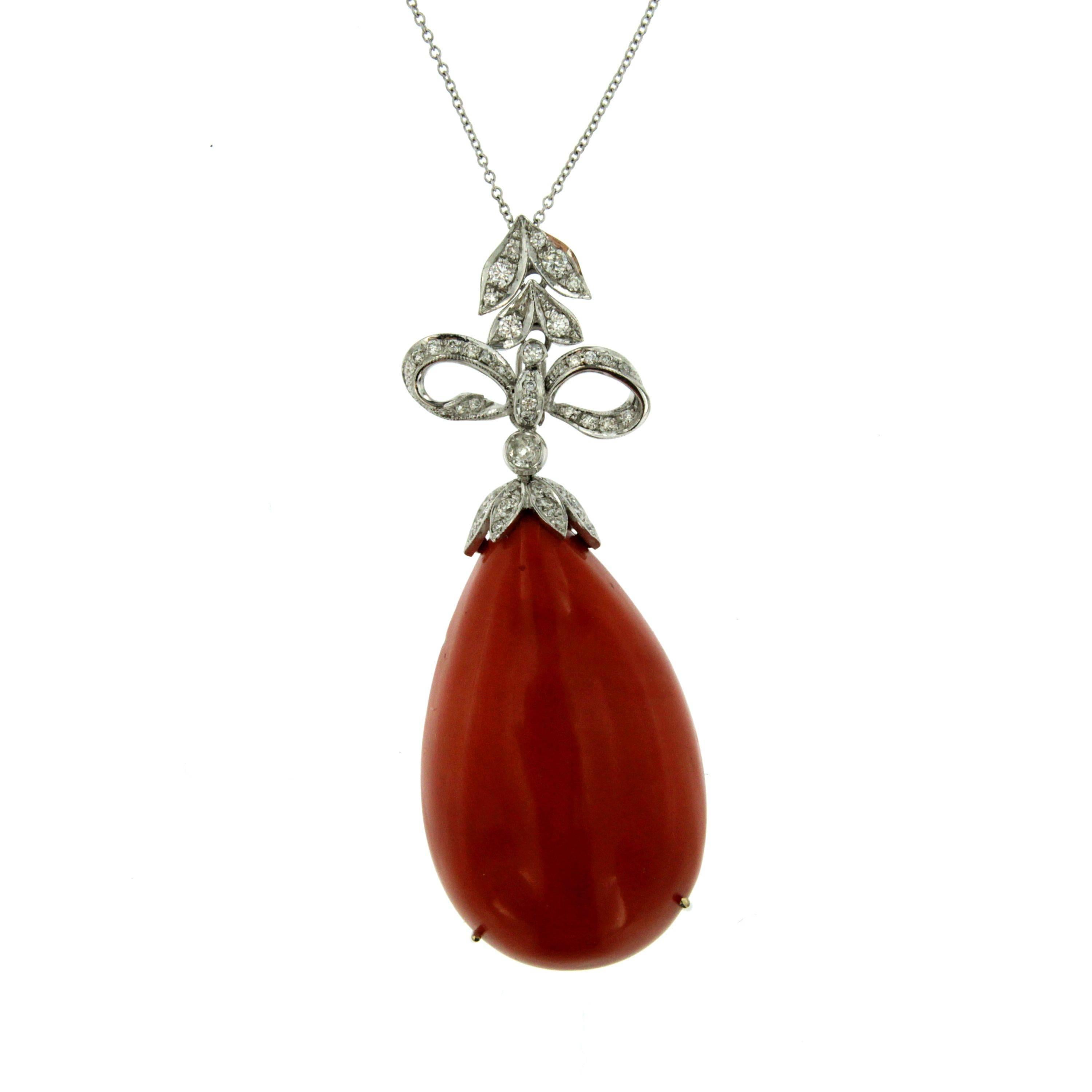 Sardinian Coral Diamond Drop Gold Pendant For Sale