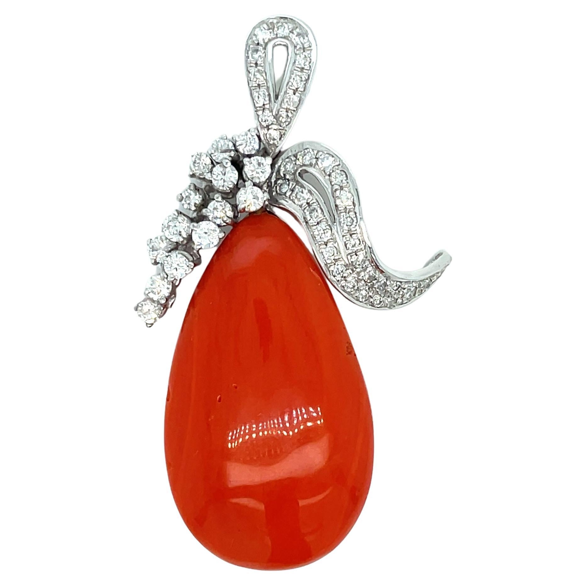 Sardinian Coral Diamond Drop Gold Pendant For Sale