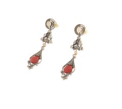 Sardinian Coral Diamonds 14 Karat White Gold Drop Earrings
