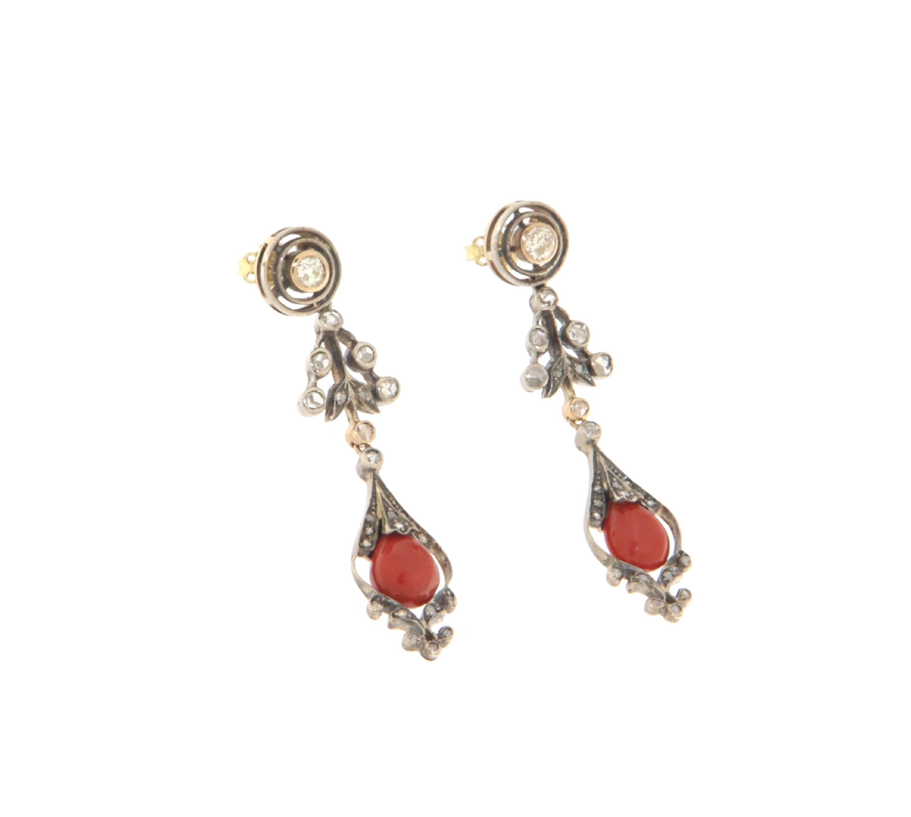 Artisan Sardinian Coral Diamonds 14 Karat White Gold Drop Earrings For Sale