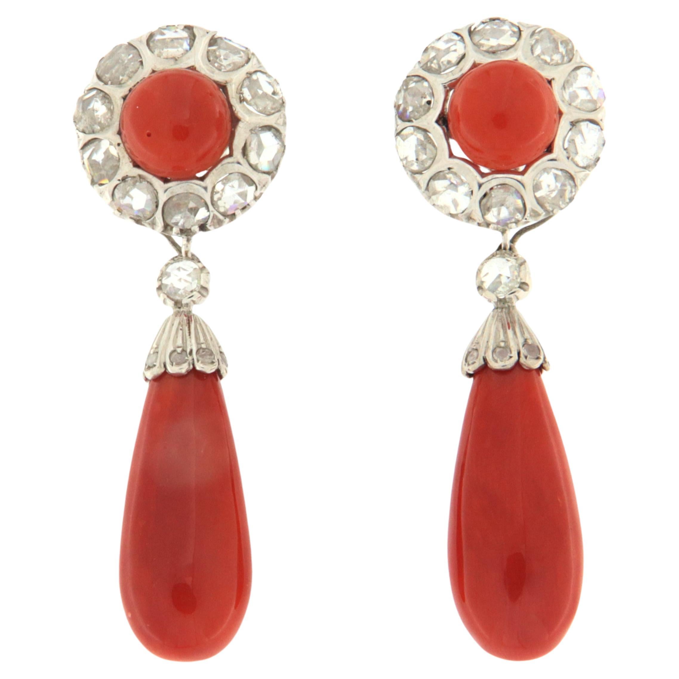 Sardinian Coral Diamonds 14 Karat White Gold Drop Earrings For Sale