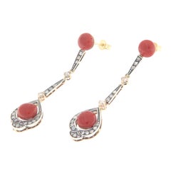 Sardinian Coral Diamonds 14 Karat Yellow Gold Drop Earrings