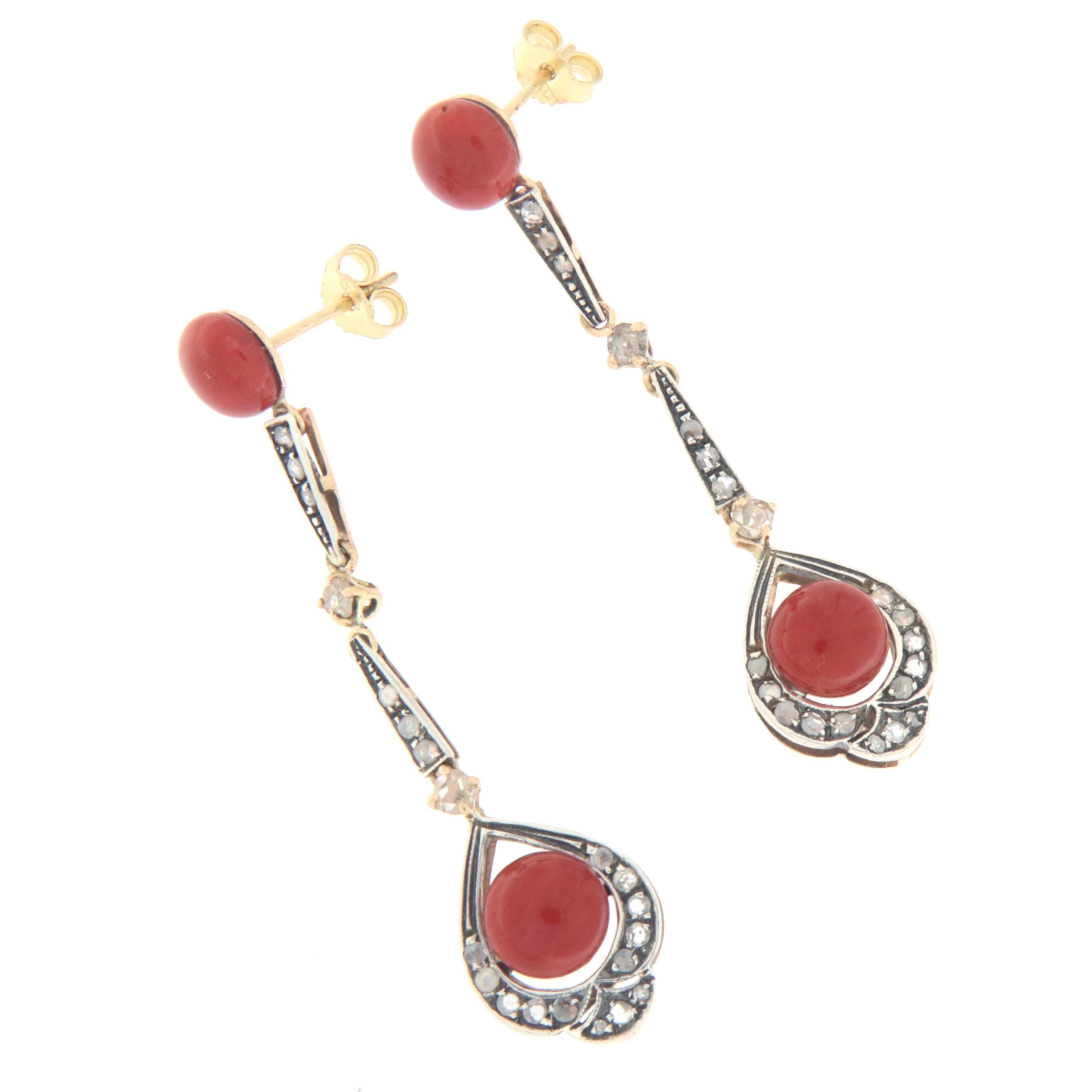 Old Mine Cut Sardinian Coral Diamonds 14 Karat Yellow Gold Drop Earrings For Sale