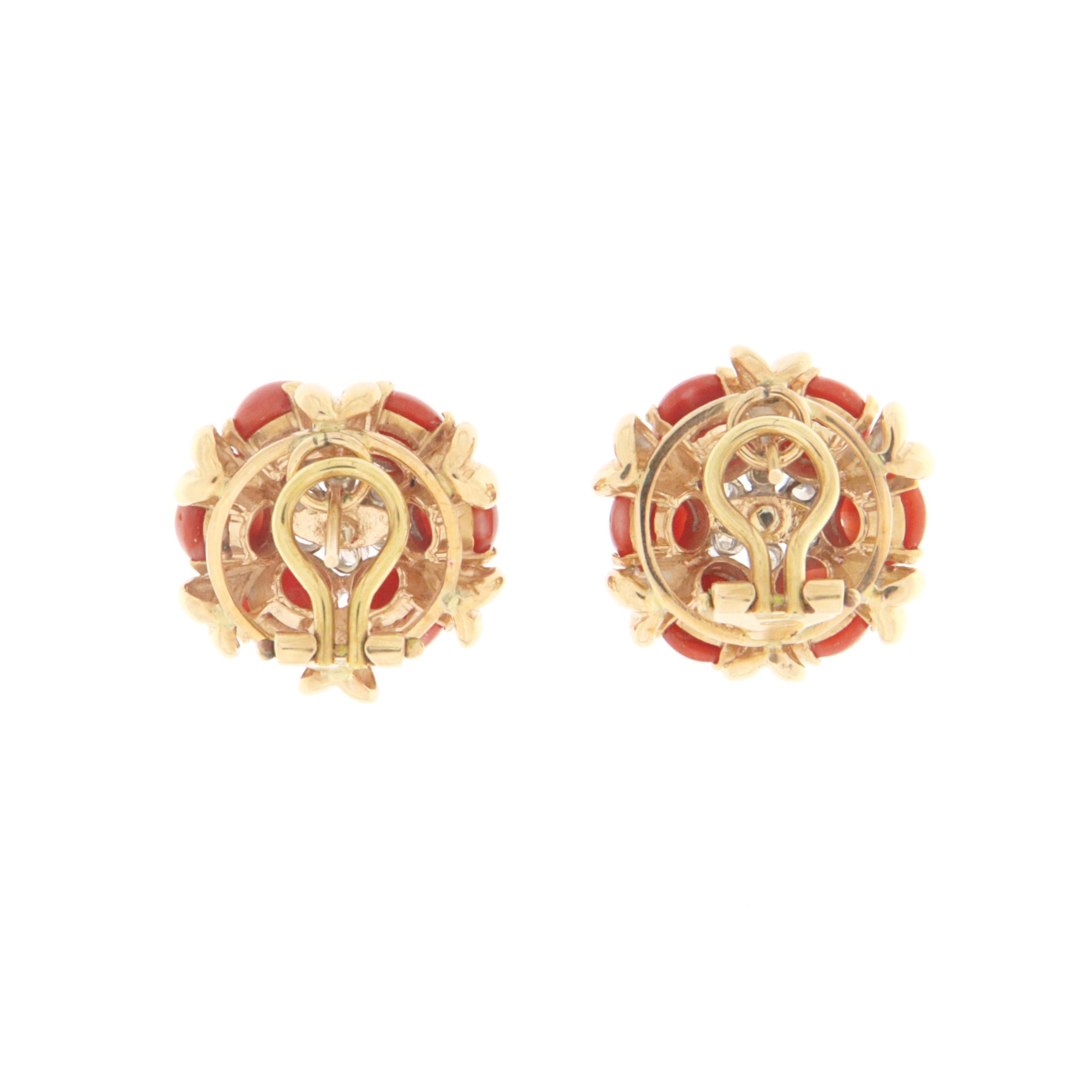 Retro Sardinian Coral Diamonds 14 Karat Yellow Gold Stud Earrings