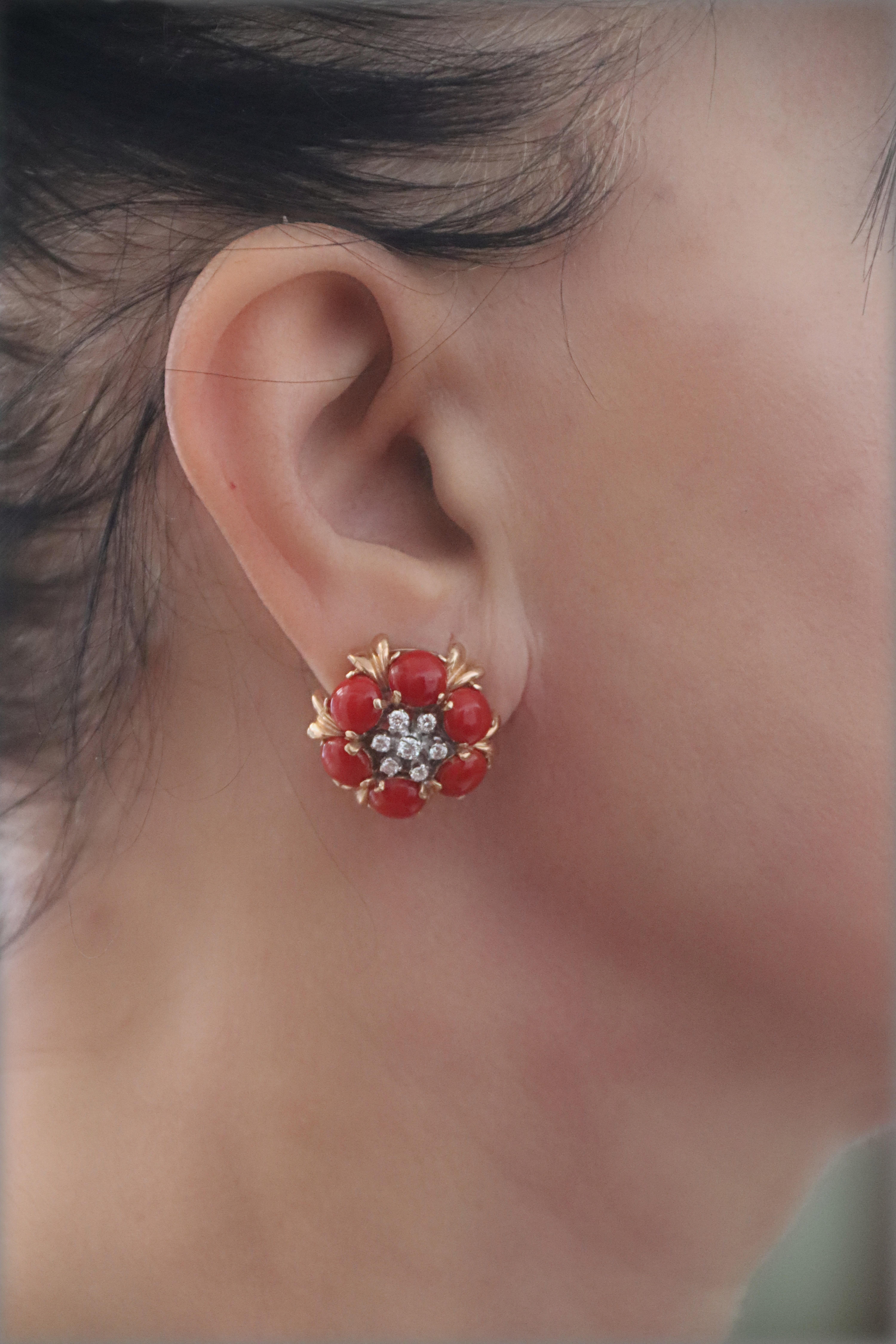 Sardinian Coral Diamonds 14 Karat Yellow Gold Stud Earrings 1