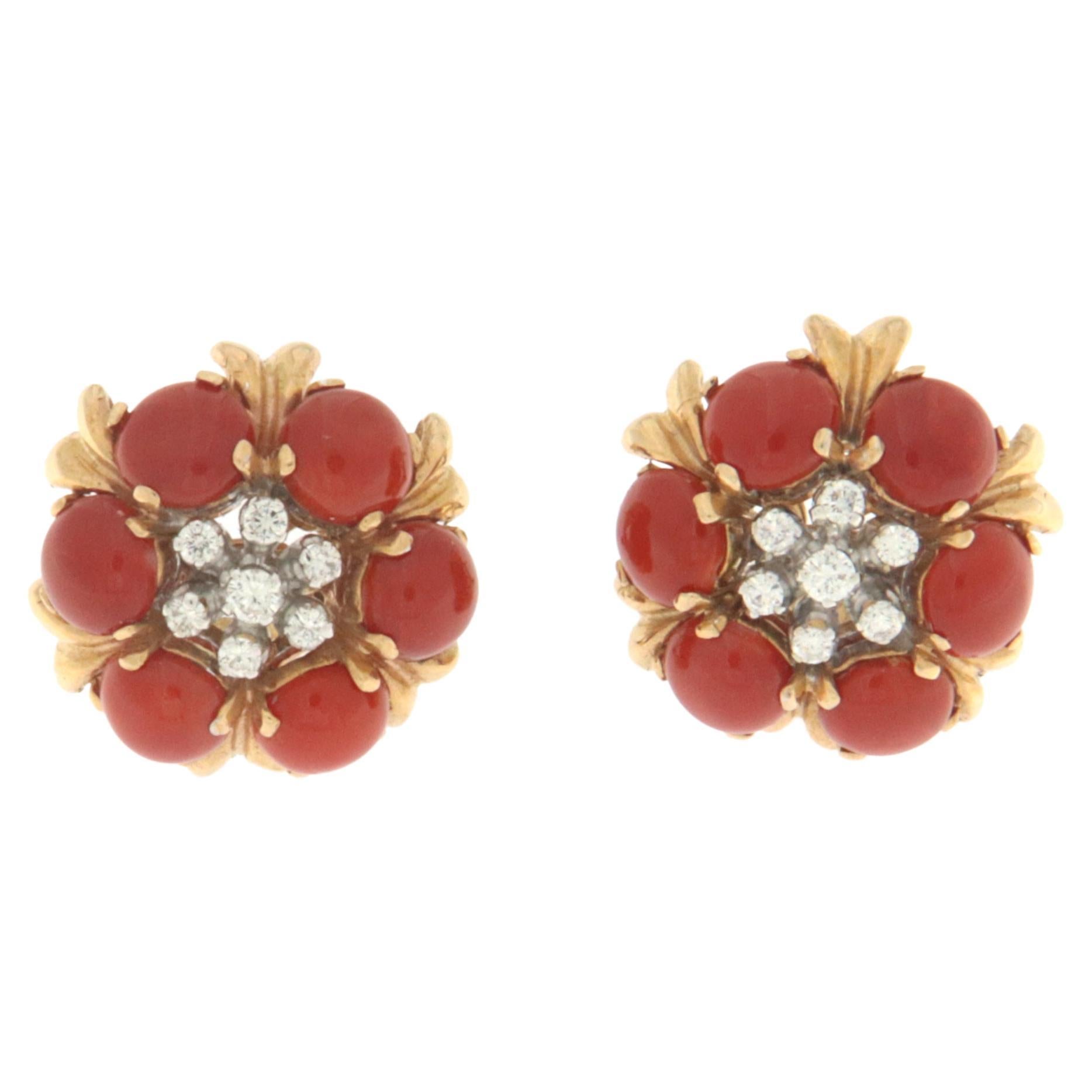 Sardinian Coral Diamonds 14 Karat Yellow Gold Stud Earrings