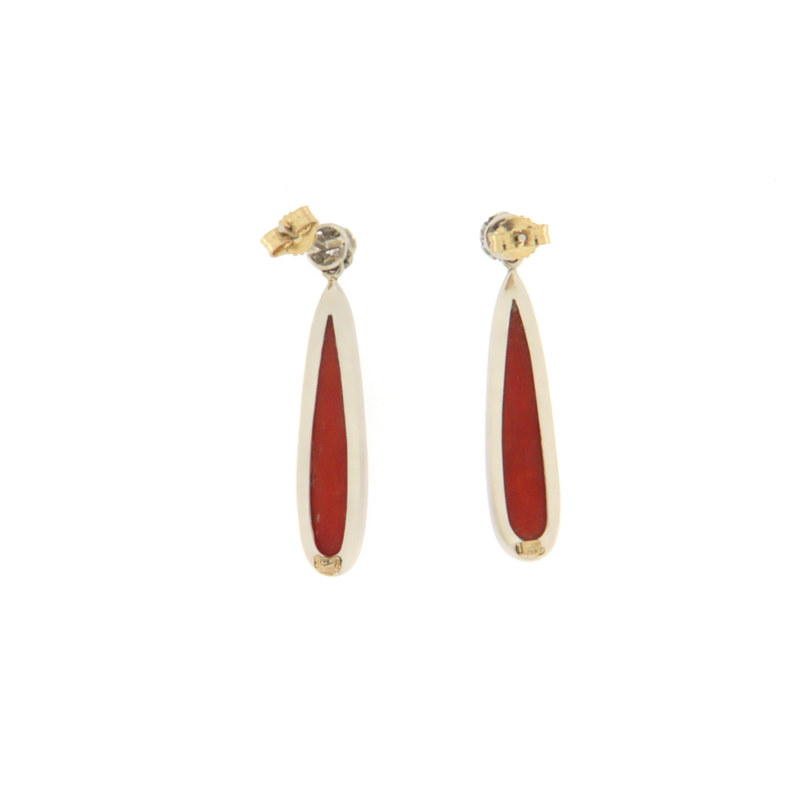 Brilliant Cut Sardinian Coral Diamonds 18 Karat White Gold Drop Earrings For Sale