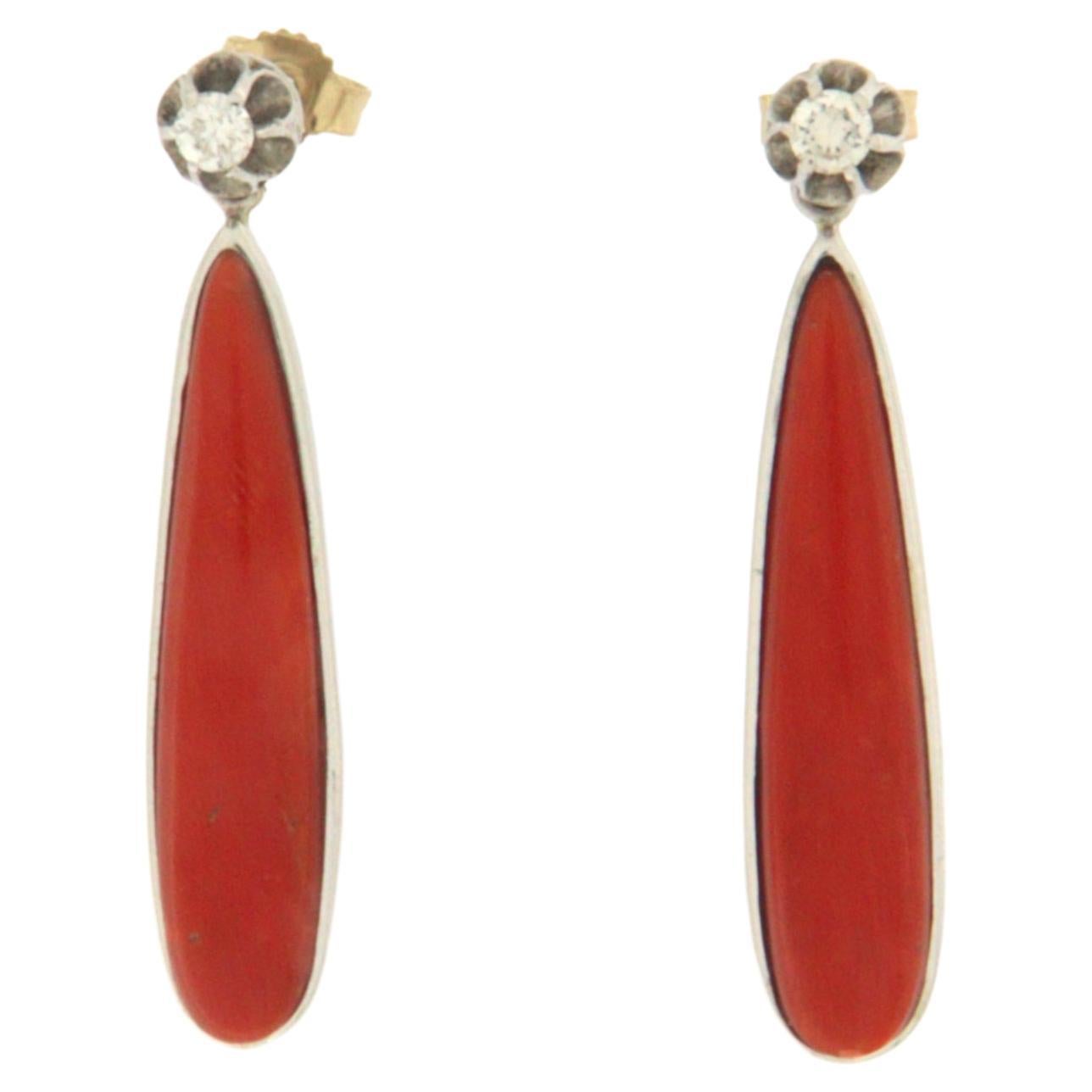 Sardinian Coral Diamonds 18 Karat White Gold Drop Earrings For Sale