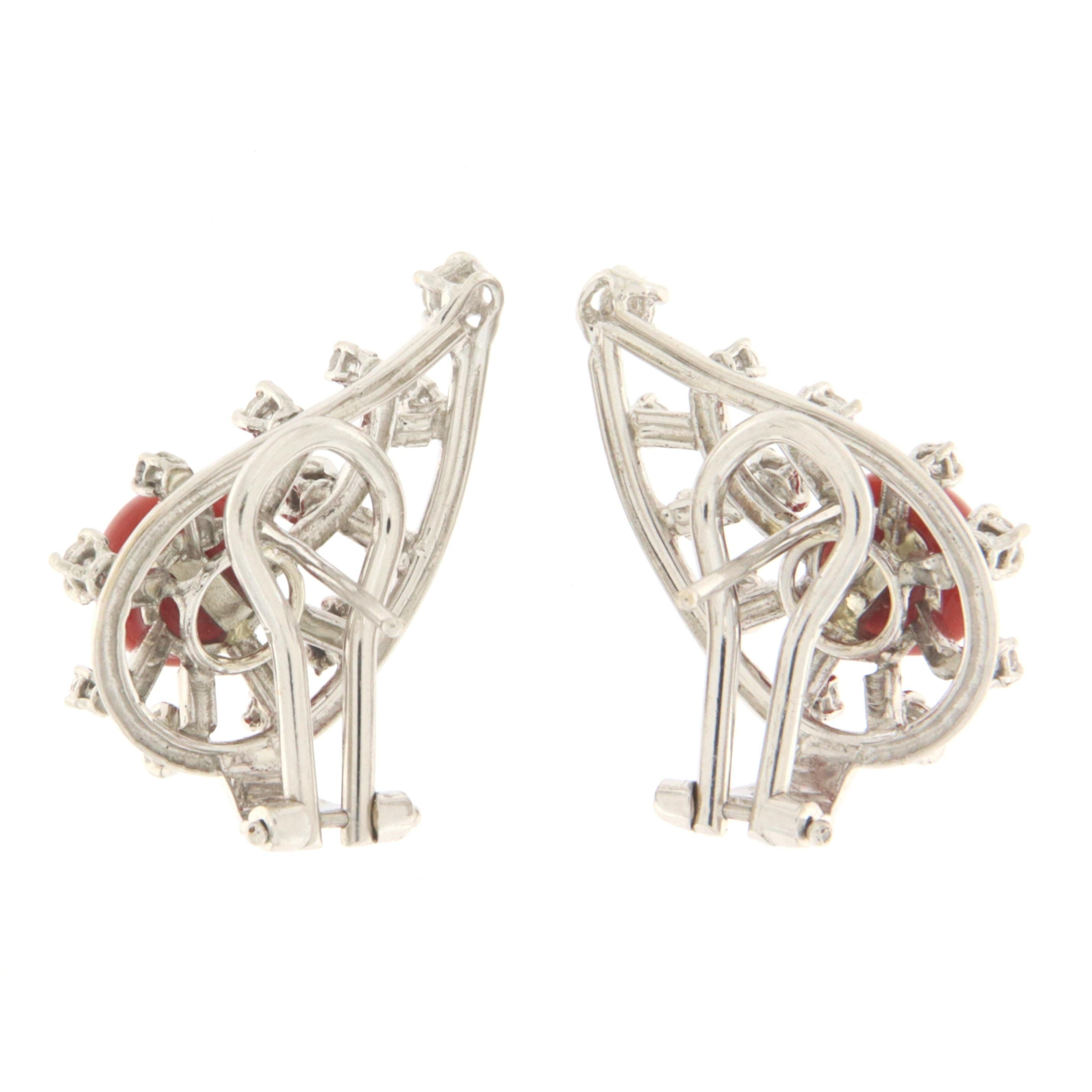 Artisan Sardinian Coral Diamonds 18 Karat White Gold Stud Earrings For Sale