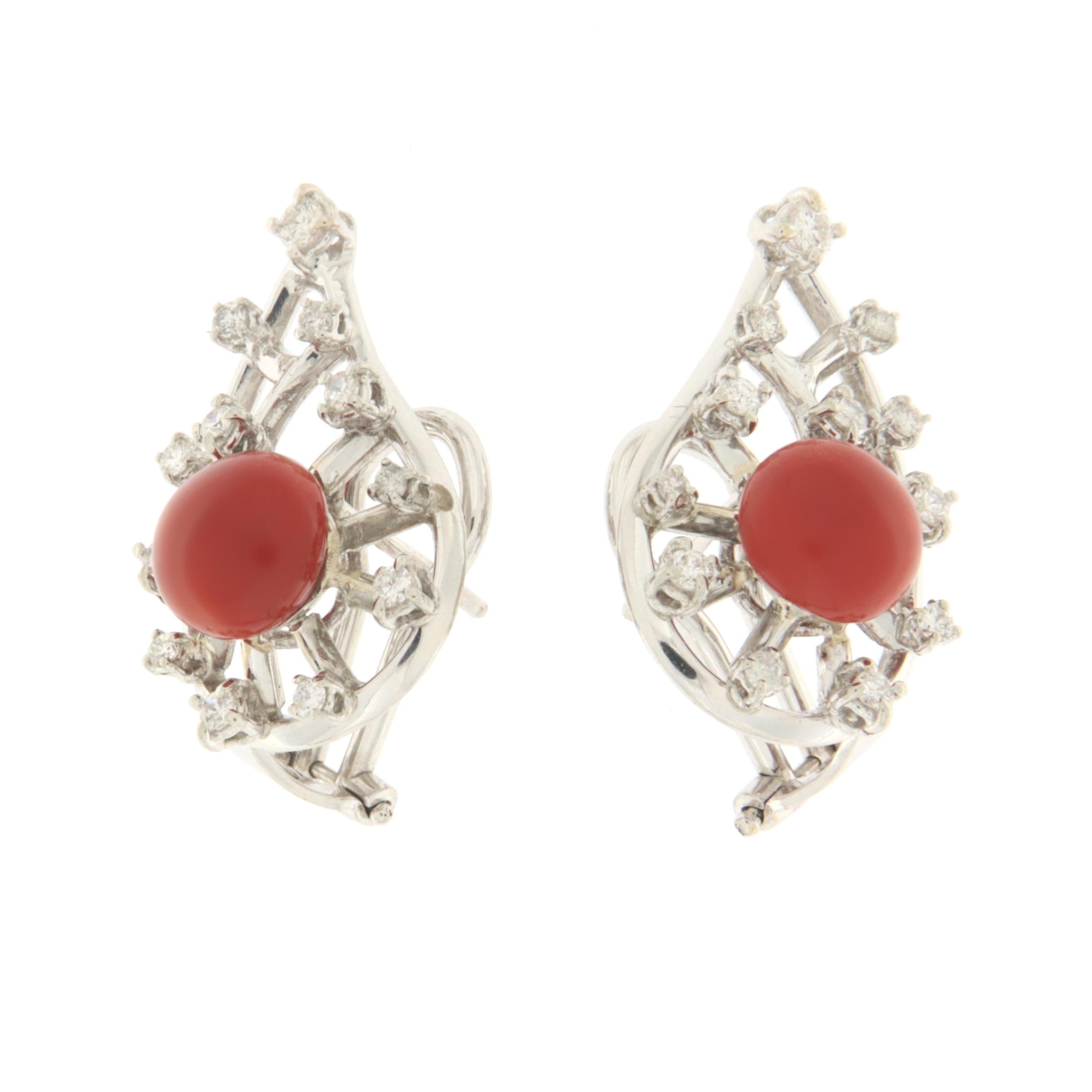Brilliant Cut Sardinian Coral Diamonds 18 Karat White Gold Stud Earrings For Sale