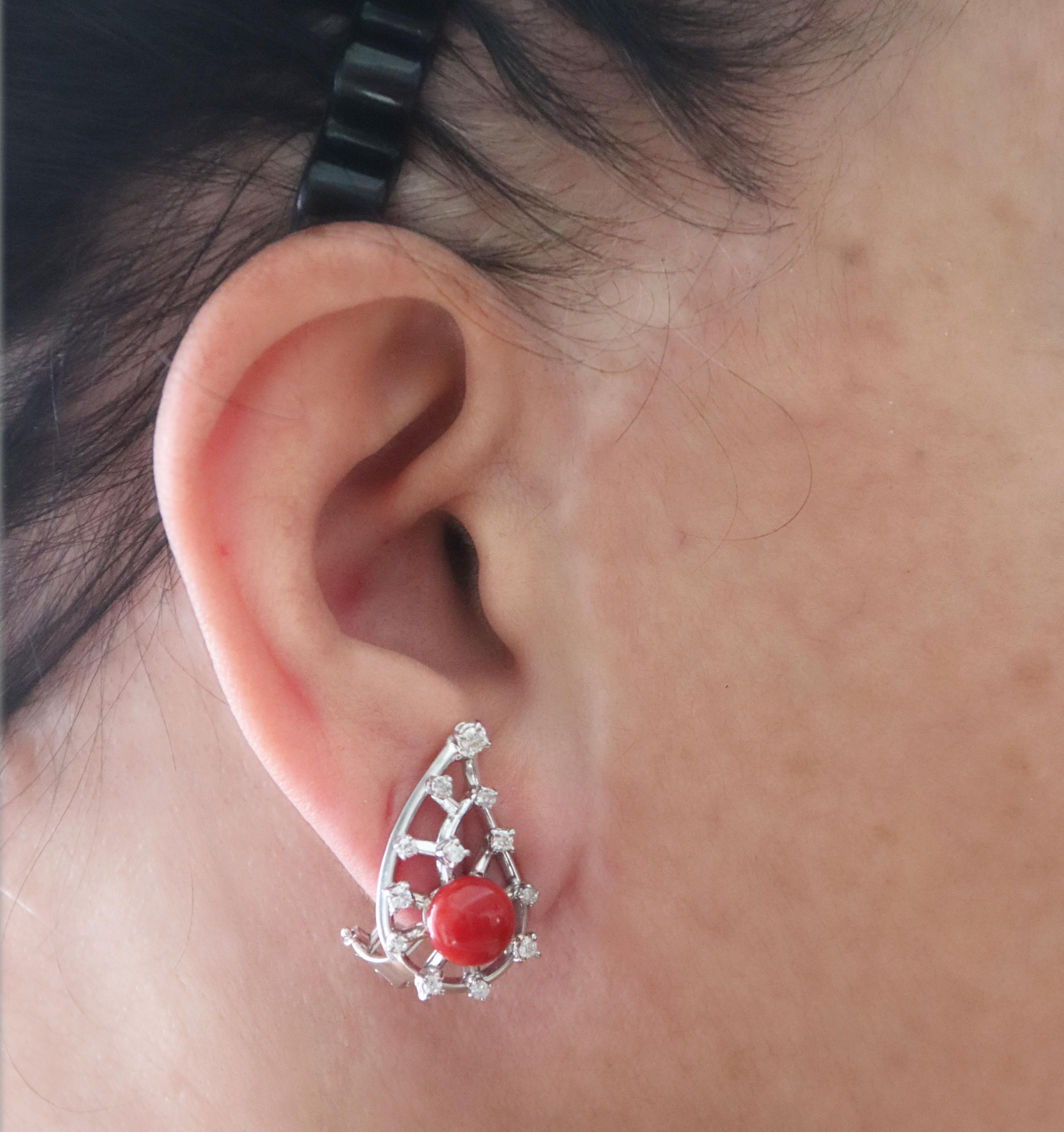 Sardinian Coral Diamonds 18 Karat White Gold Stud Earrings For Sale 1