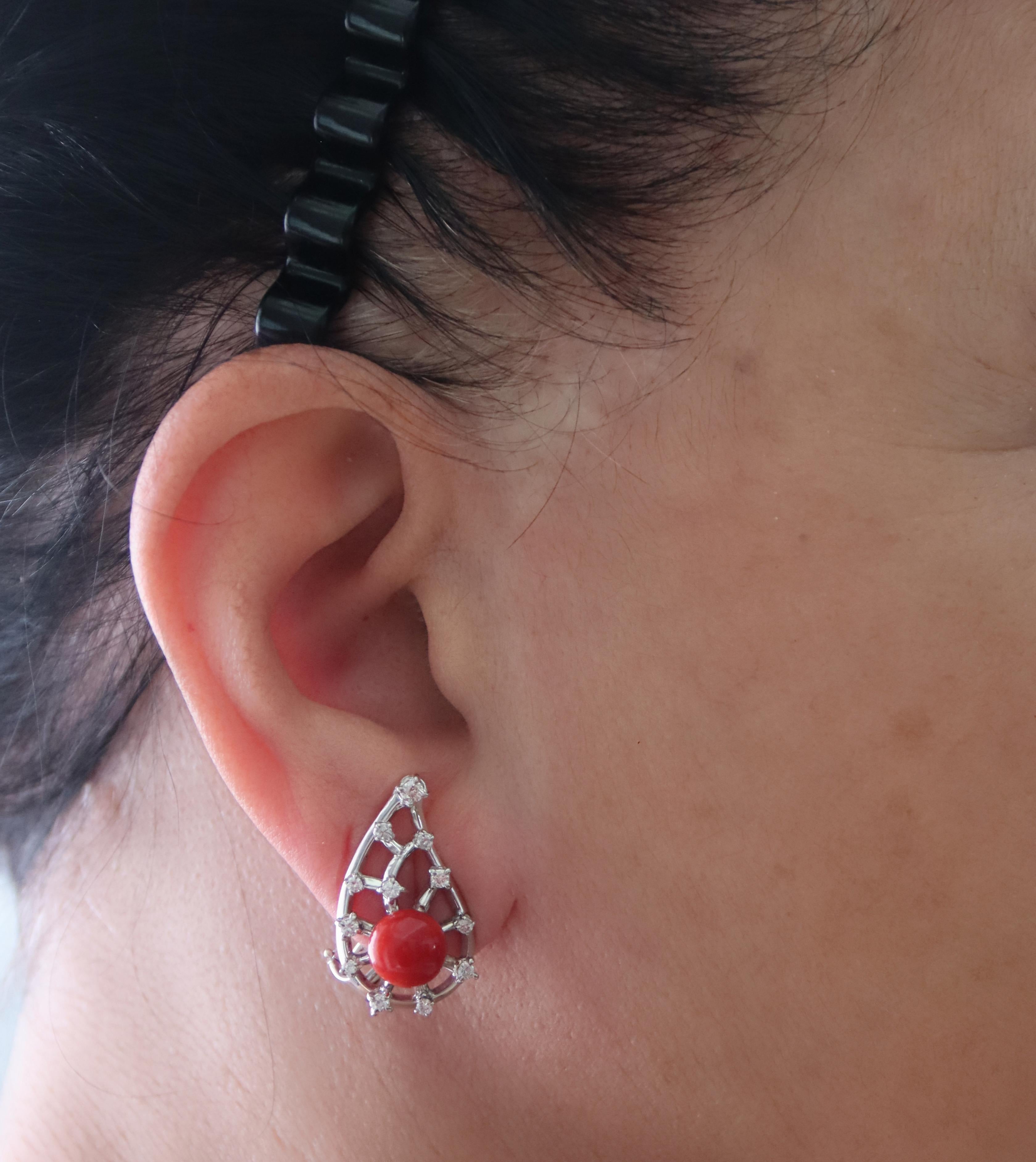 Sardinian Coral Diamonds 18 Karat White Gold Stud Earrings For Sale 2