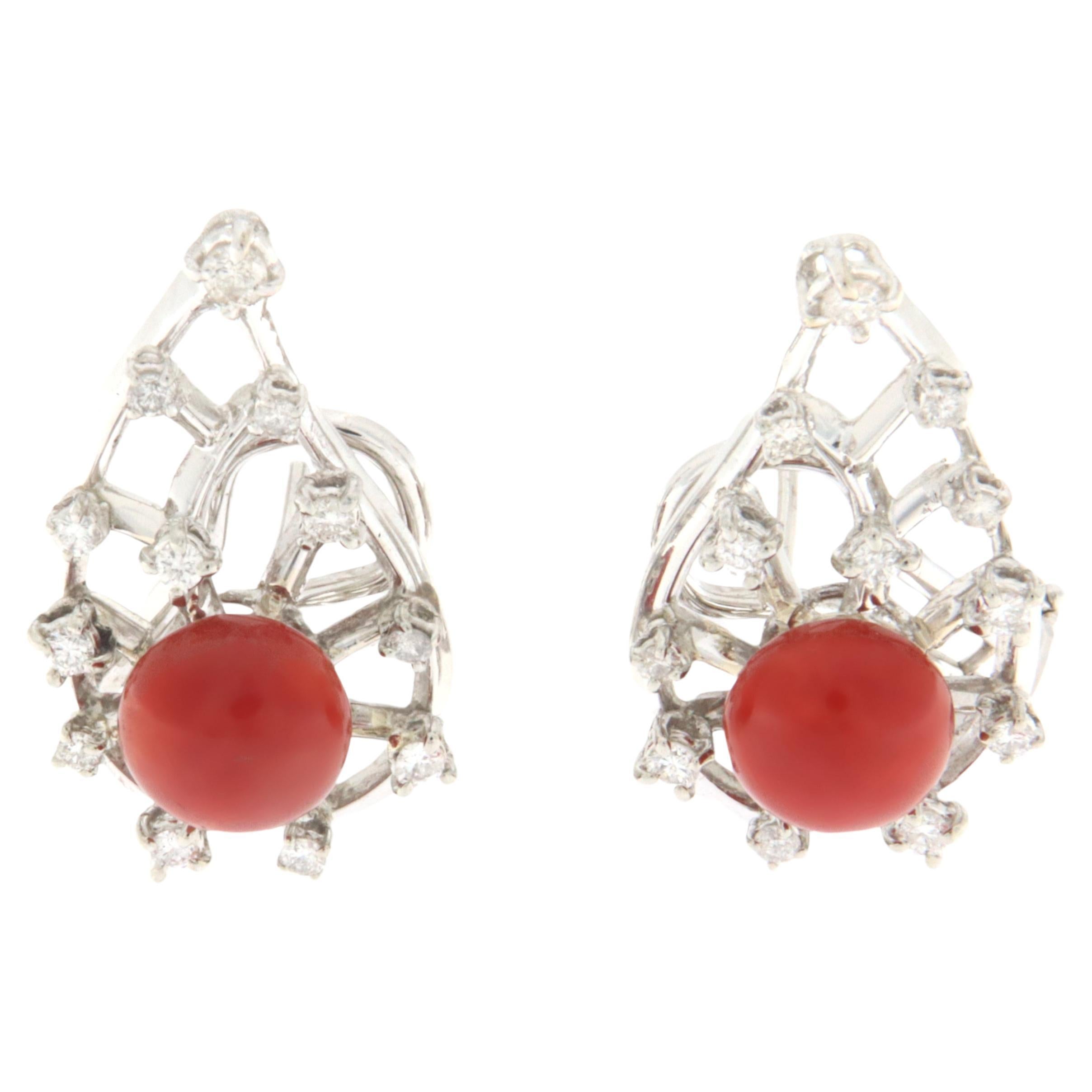 Sardinian Coral Diamonds 18 Karat White Gold Stud Earrings For Sale