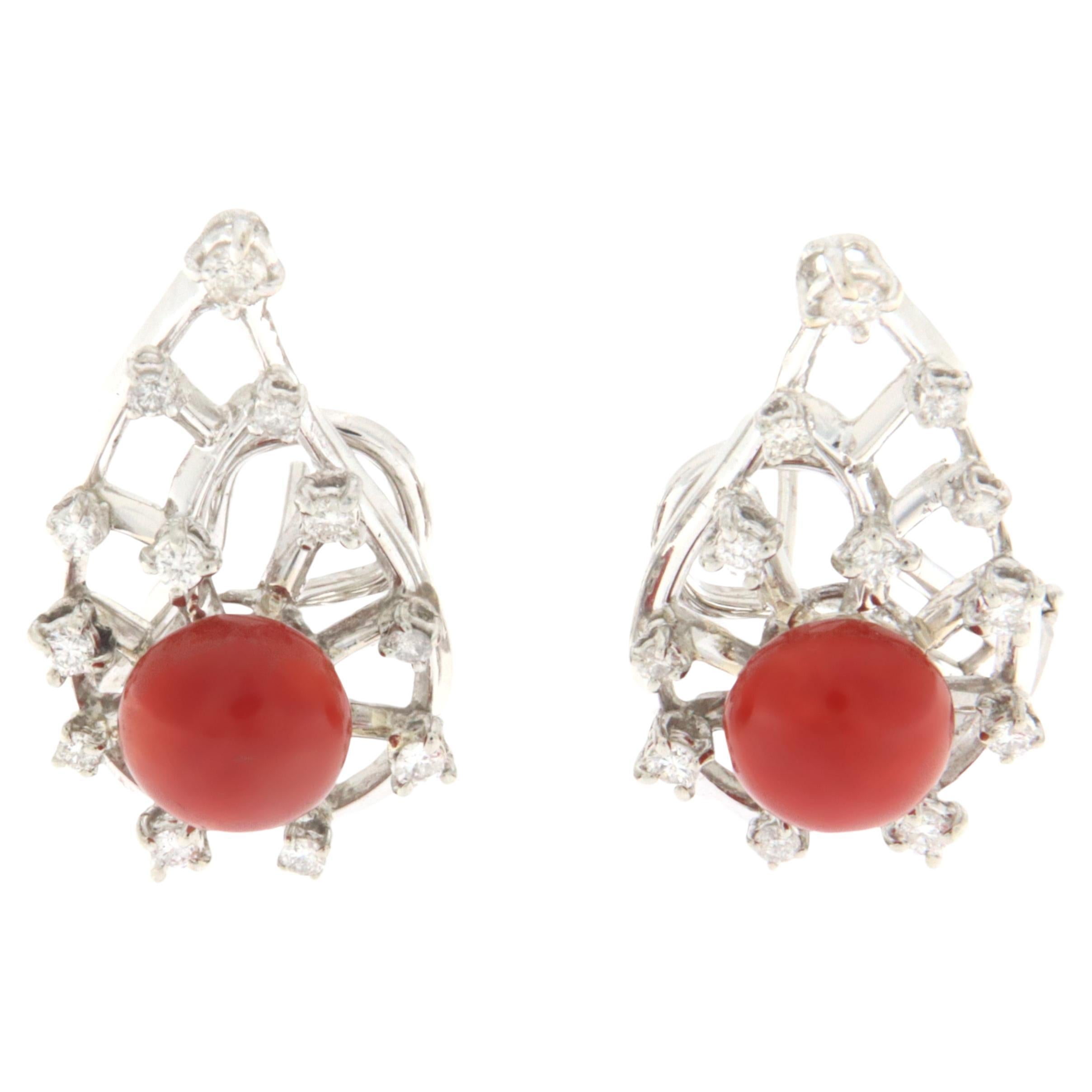 Sardinian Coral Diamonds 18 Karat White Gold Stud Earrings For Sale