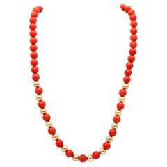 SARDINIAN CORAL Italian Modernist Round Beads Necklace In 18Kt Yellow Gold