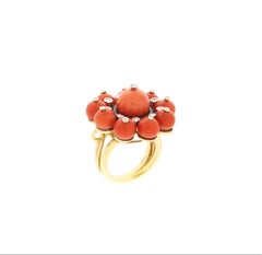 Sardinian Coral Onyx Diamonds 18 Karat Yellow Gold Cocktail Ring