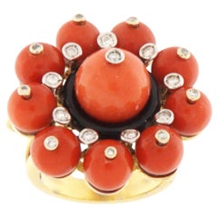 Sardinianischer Koralle Onyx Diamanten 18 Karat Gelbgold Cocktail-Ring