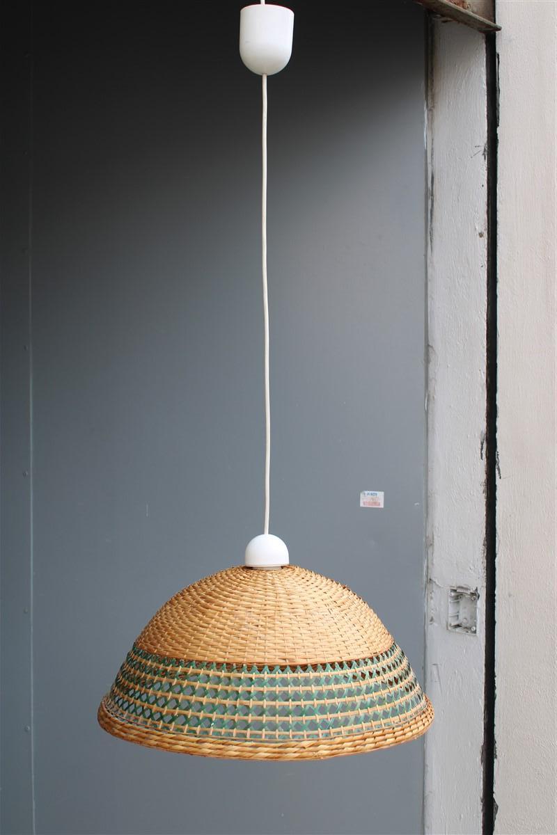 Sardinian dome chandelier hand woven straw green color midcentuy Italy design.