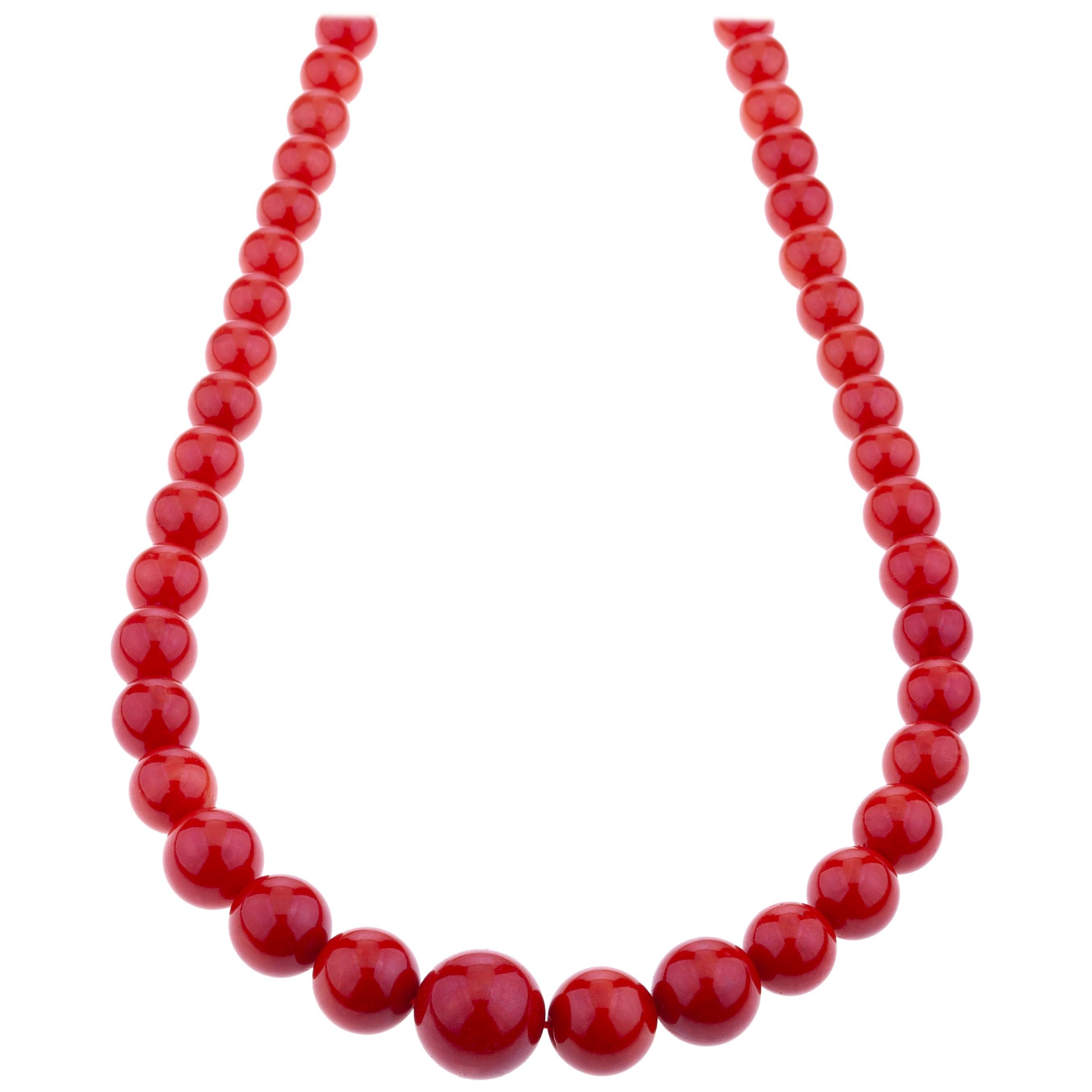 Sardinian Red Coral Bead Long Necklace 18 Karat Gold Clasp For Sale