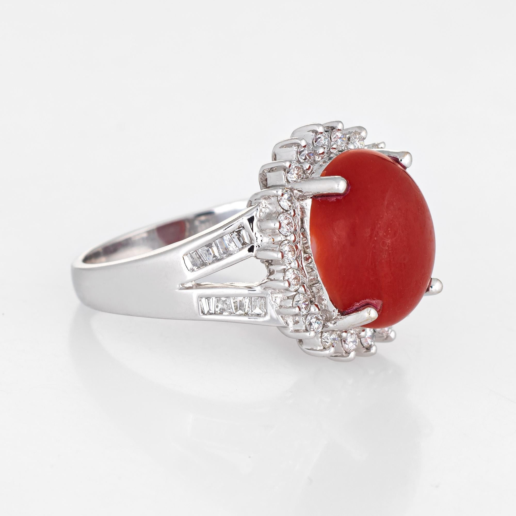 Modern Sardinian Red Coral Diamond Ring Estate 18k White Gold Princess Style Jewelry