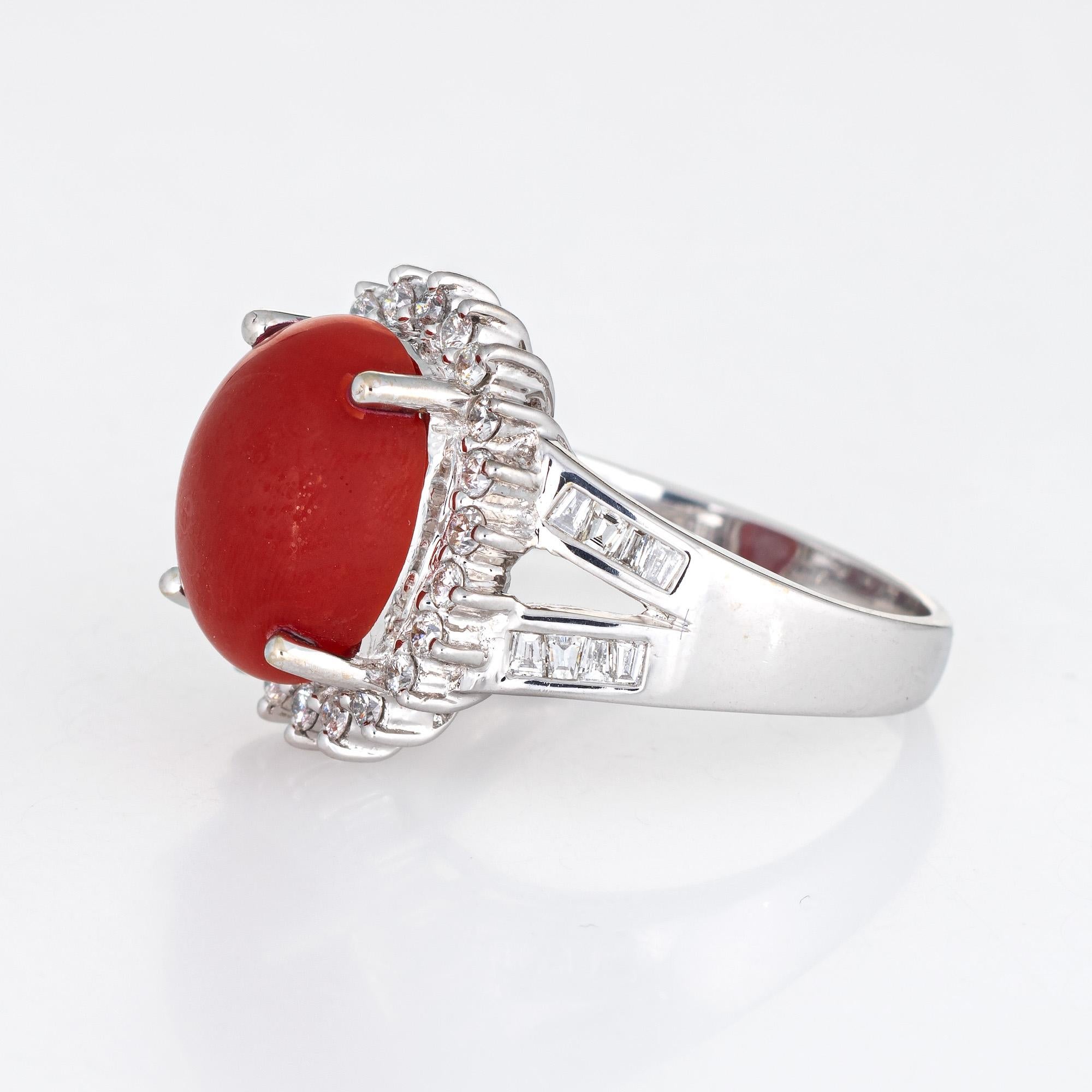 Cabochon Sardinian Red Coral Diamond Ring Estate 18k White Gold Princess Style Jewelry