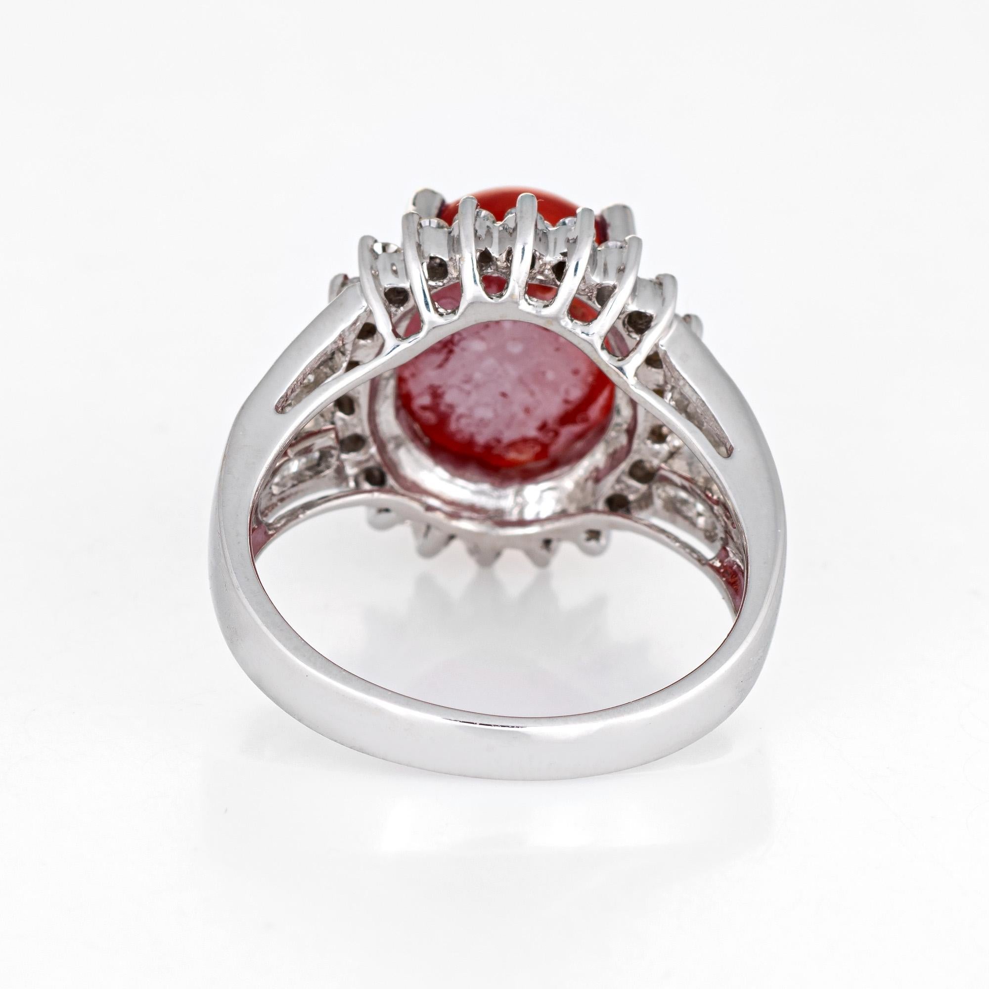 Sardinian Red Coral Diamond Ring Estate 18k White Gold Princess Style Jewelry In Good Condition In Torrance, CA