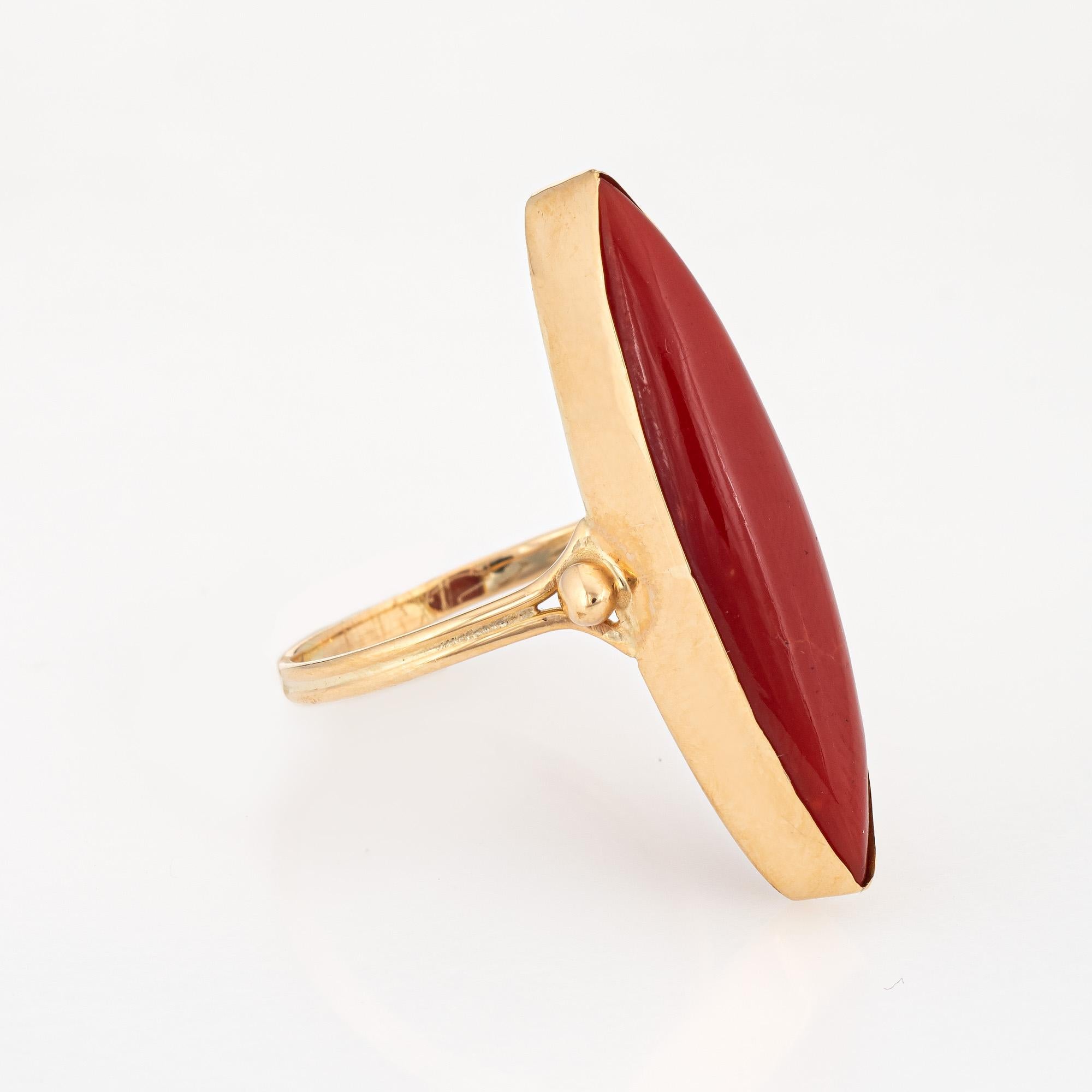 Retro Sardinian Red Coral Navette Ring Vintage 18k Yellow Gold Long Cocktail Jewelry