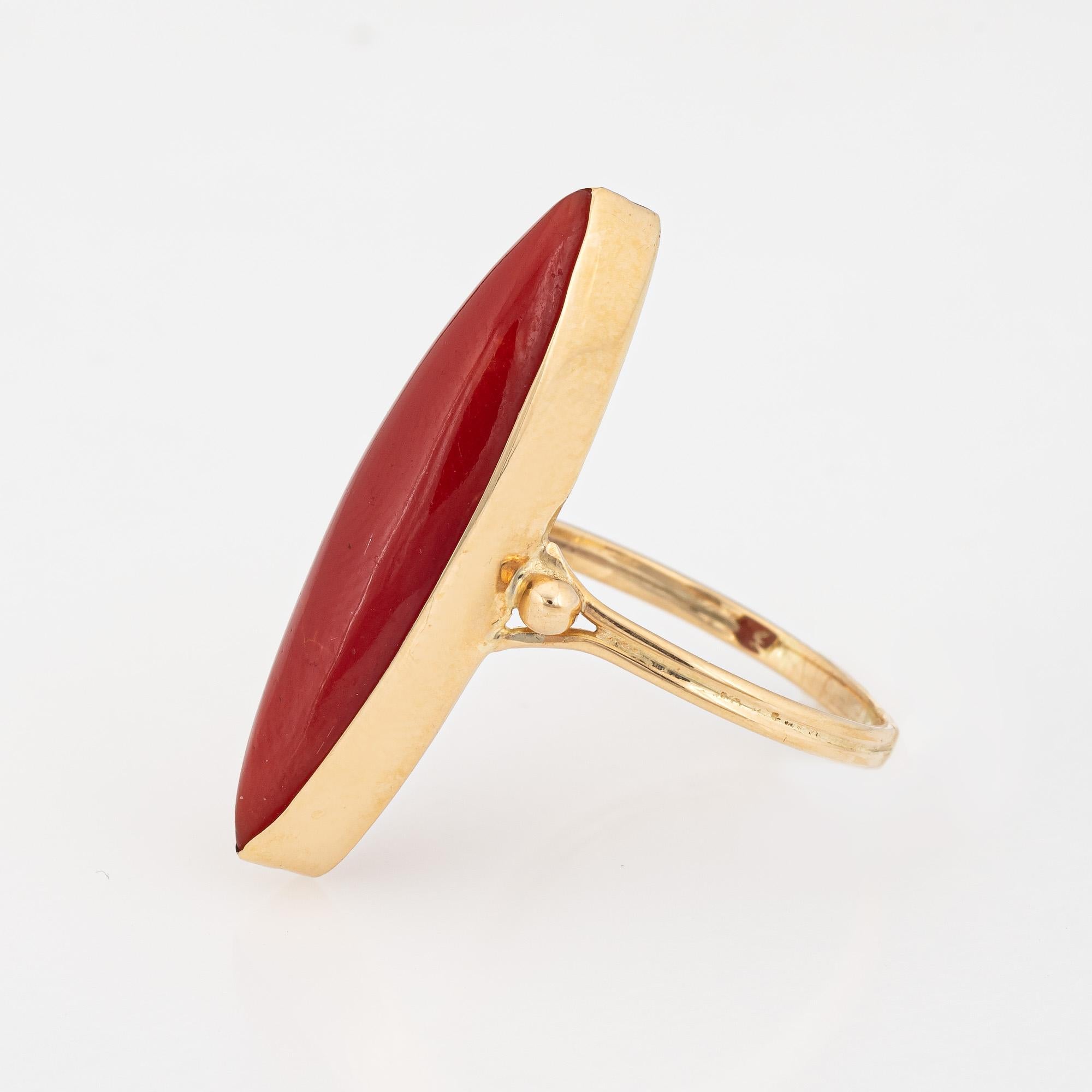 Marquise Cut Sardinian Red Coral Navette Ring Vintage 18k Yellow Gold Long Cocktail Jewelry