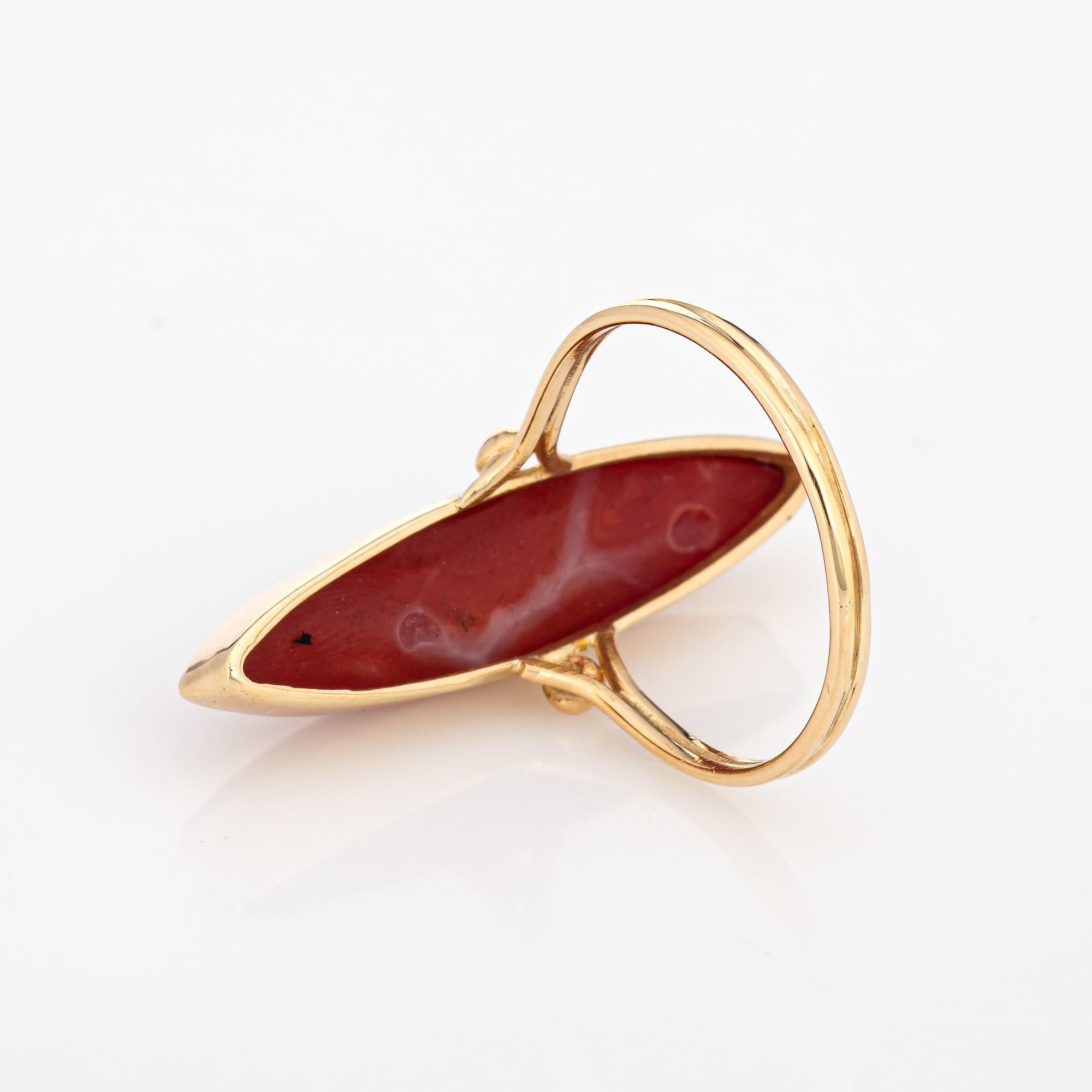 Sardinian Red Coral Navette Ring Vintage 18k Yellow Gold Long Cocktail Jewelry In Good Condition In Torrance, CA