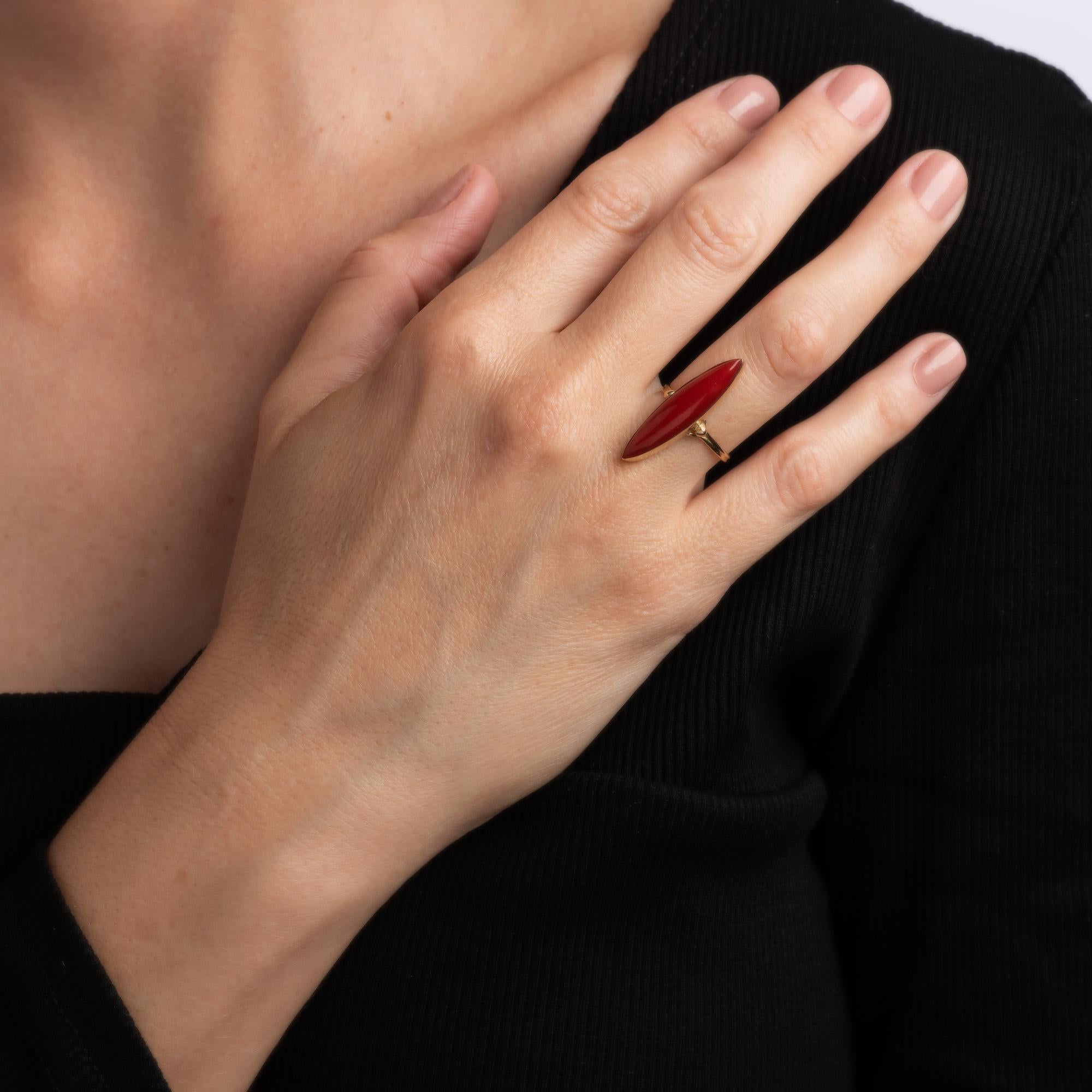 Women's Sardinian Red Coral Navette Ring Vintage 18k Yellow Gold Long Cocktail Jewelry