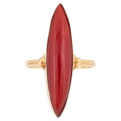 Sardinian Red Coral Navette Ring Vintage 18k Yellow Gold Long Cocktail Jewelry