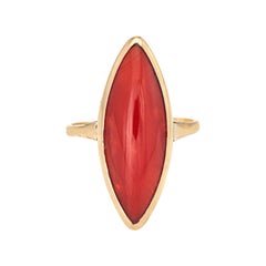 Sardinian Red Coral Ring Vintage 14k Yellow Gold Navette Mediterranean Jewelry