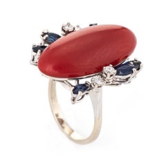 Anello di corallo rosso sardo, zaffiro e diamante, vintage, in oro 18 carati, Cocktail Fine