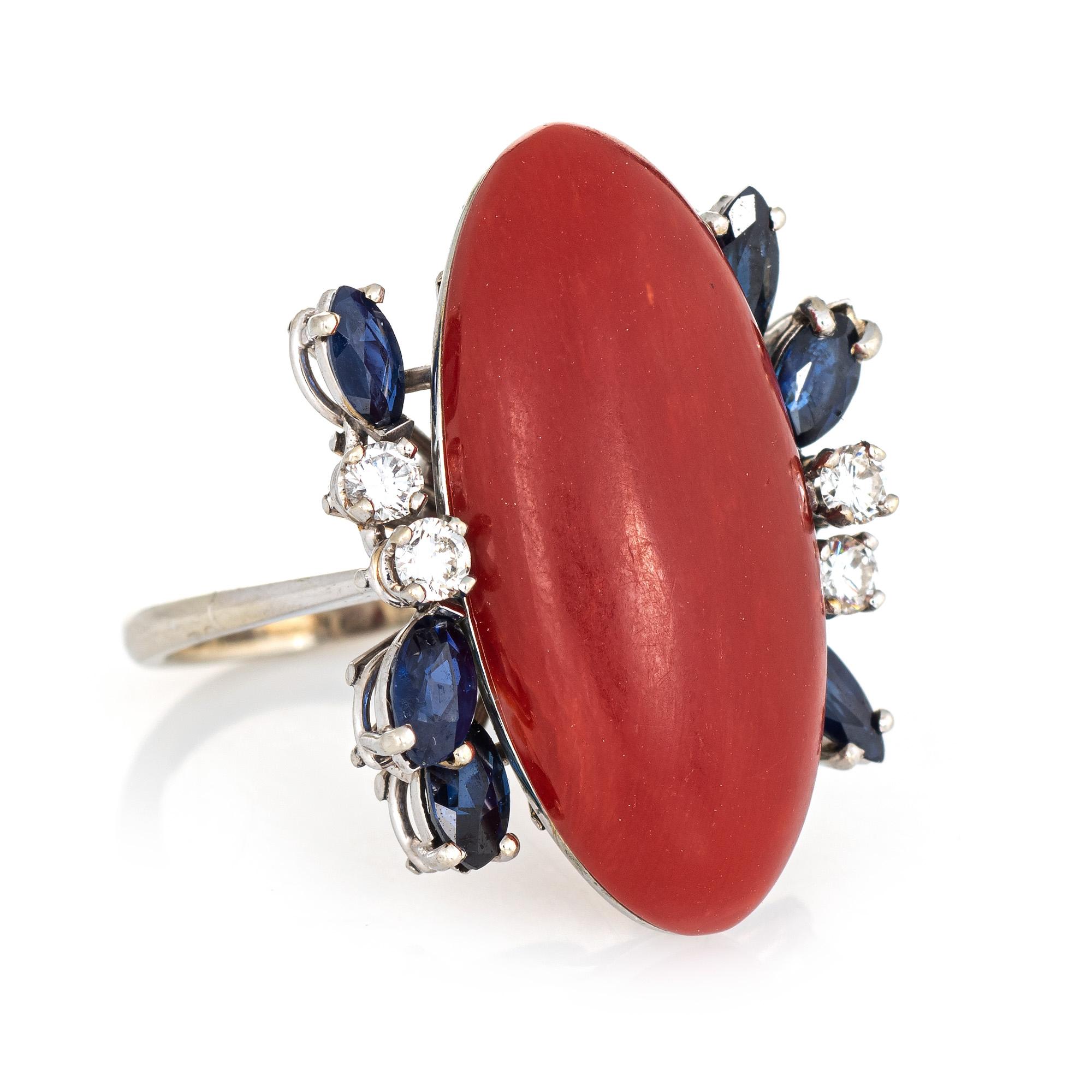 Modern Sardinian Red Coral Sapphire Diamond Ring Vintage 18 Karat Gold Fine Cocktail For Sale