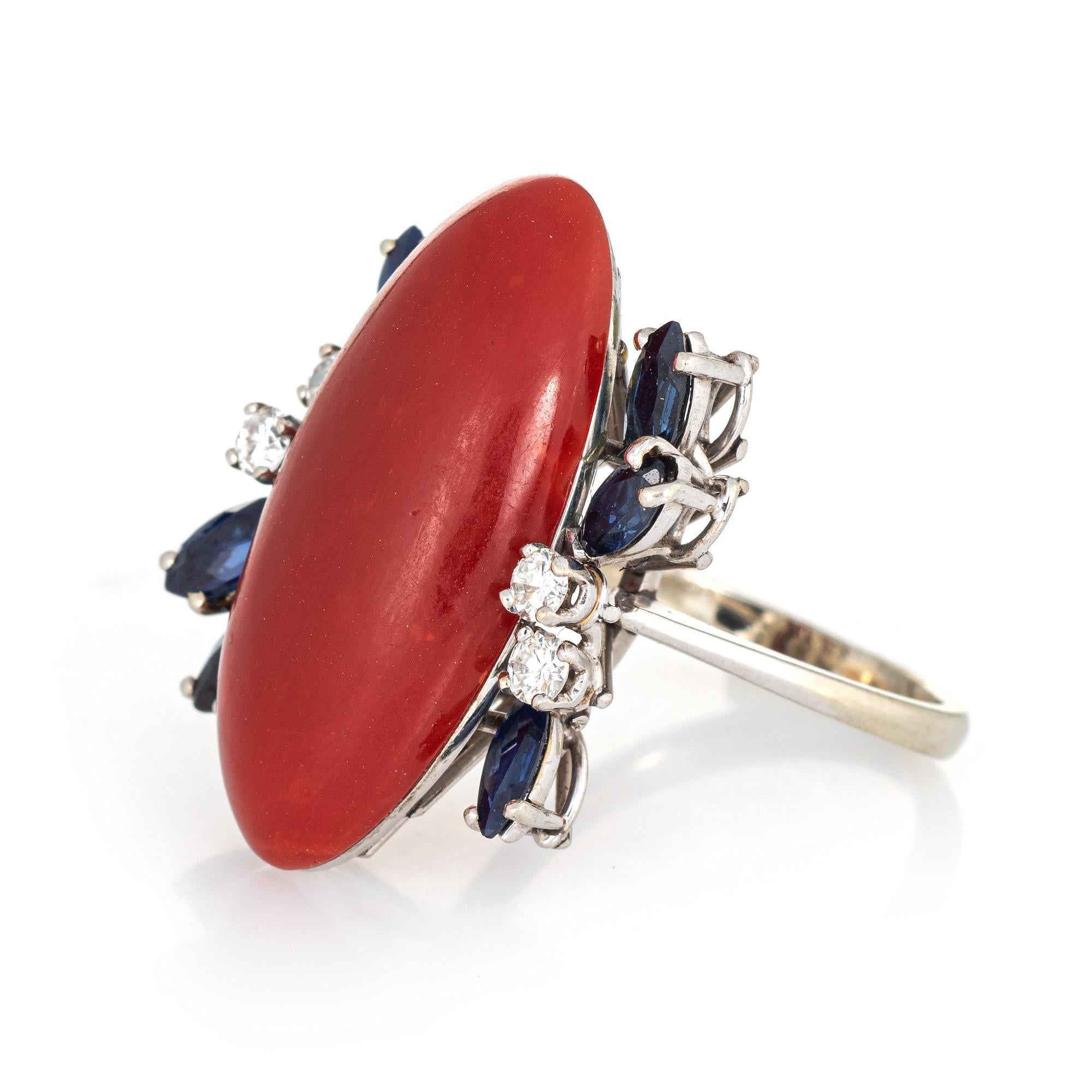 Cabochon Sardinian Red Coral Sapphire Diamond Ring Vintage 18 Karat Gold Fine Cocktail For Sale