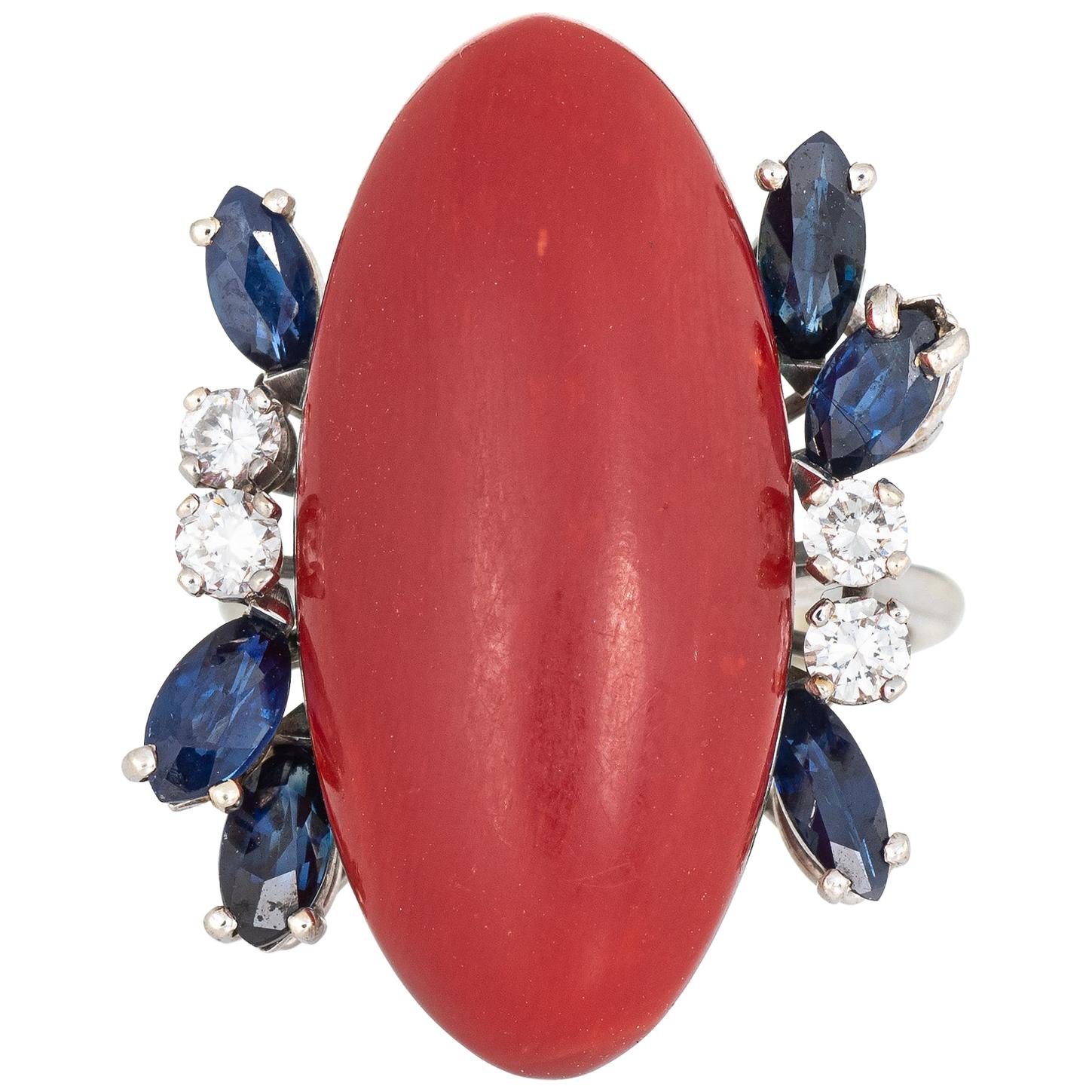 Sardinian Red Coral Sapphire Diamond Ring Vintage 18 Karat Gold Fine Cocktail For Sale