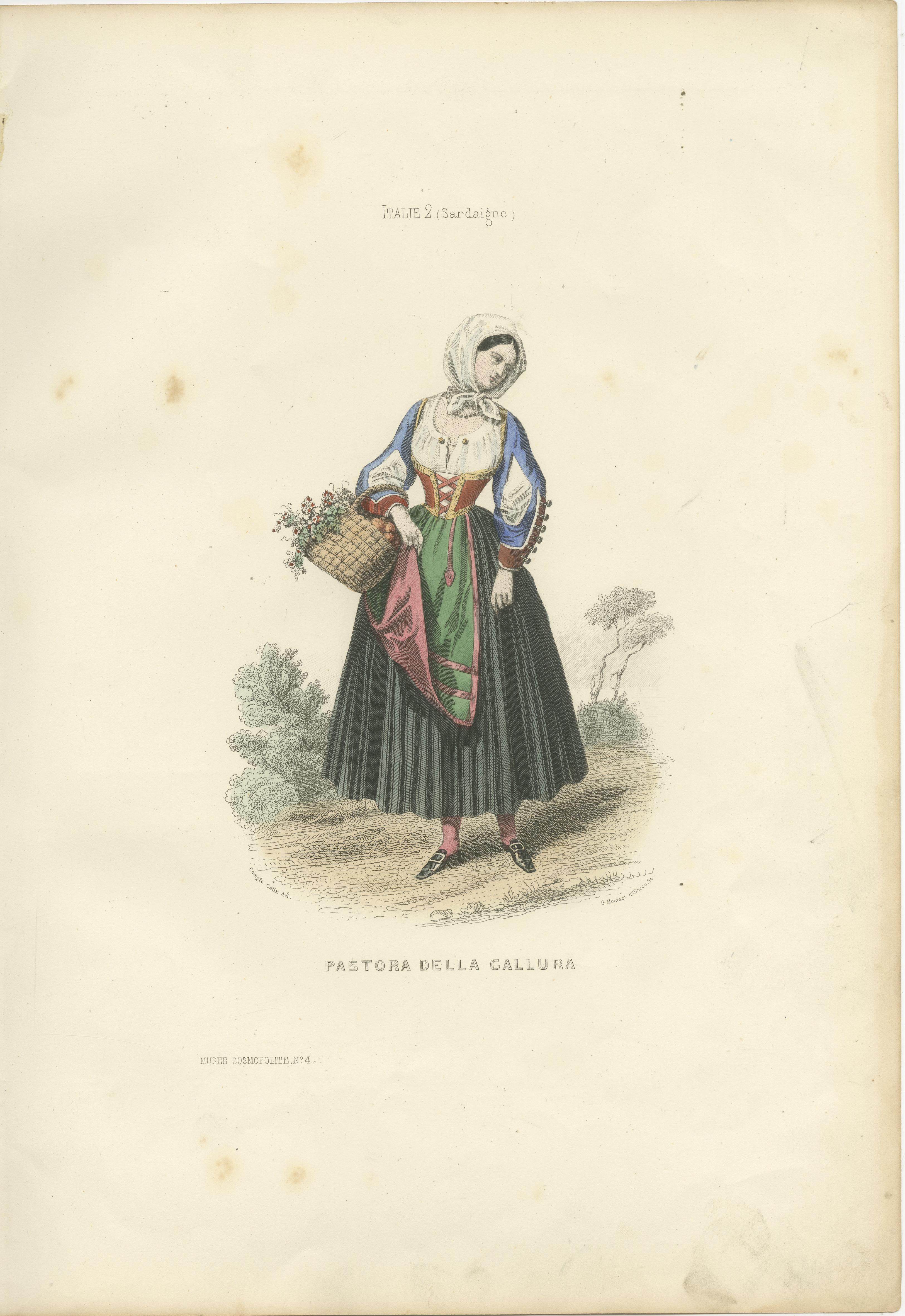 Sardische Hirtin Druck Gallura Italien 1853 von Compte-Calix - Handkolorierte Lithographie

Dieser anmutige antike Druck zeigt eine sardische Hirtin (Pastora della Gallura) aus der Region Gallura im Norden Sardiniens, Italien. Es wurde von François