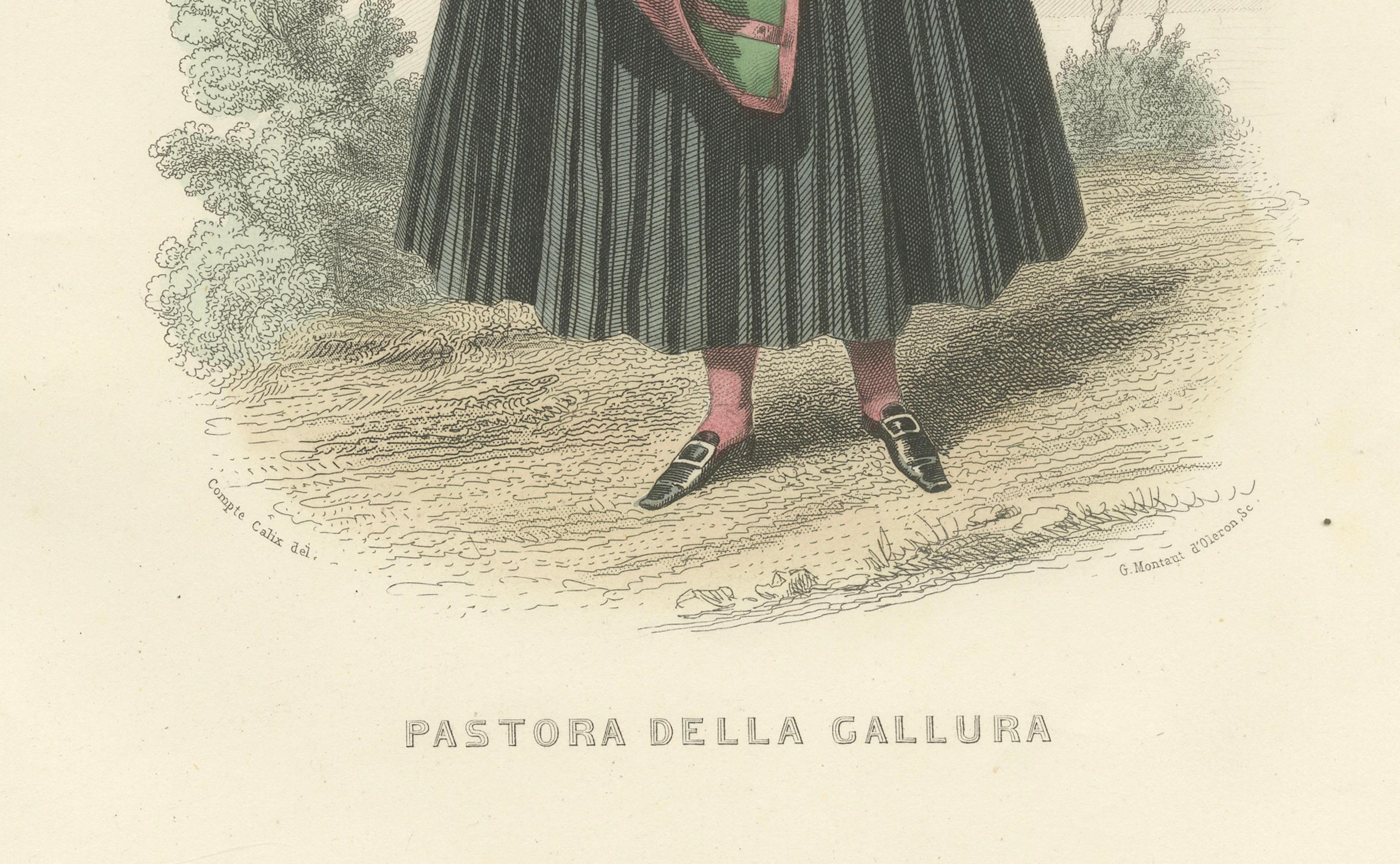 Sardische Hirtin Druck Gallura Italien 1853 von Compte Calix - Handkoloriert (Französisch) im Angebot
