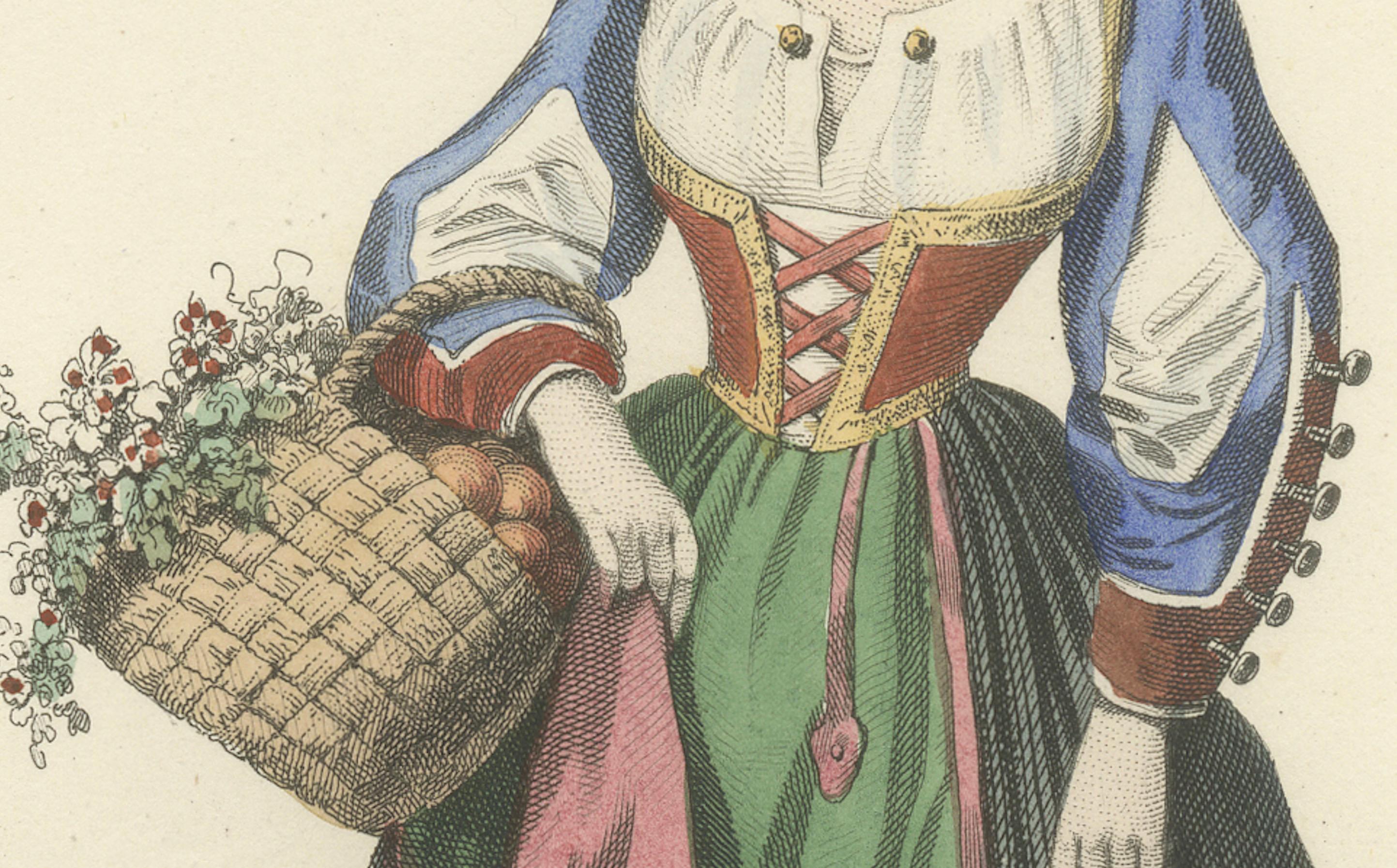 Sardische Hirtin Druck Gallura Italien 1853 von Compte Calix - Handkoloriert im Zustand „Gut“ im Angebot in Langweer, NL