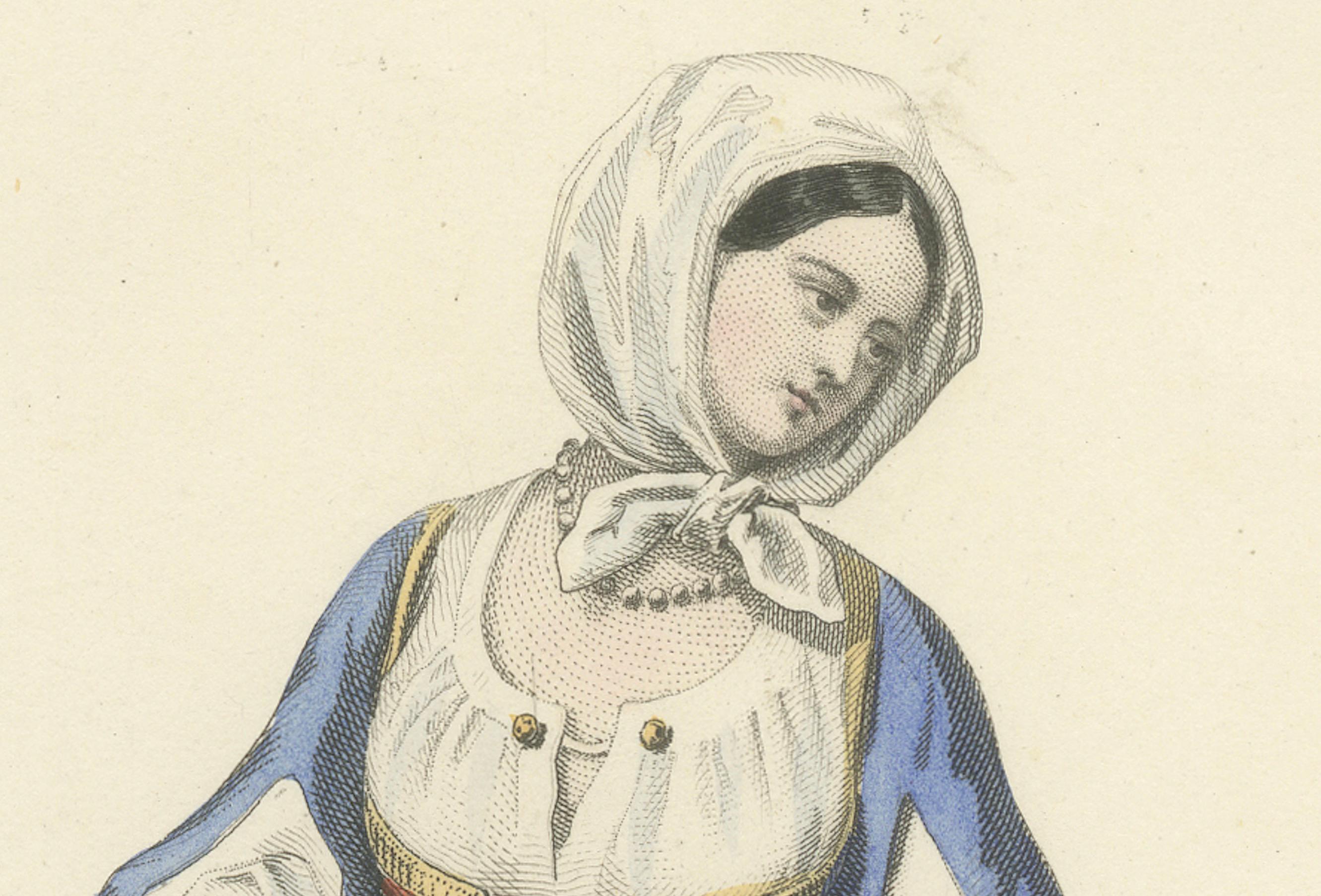 Sardische Hirtin Druck Gallura Italien 1853 von Compte Calix - Handkoloriert (19. Jahrhundert) im Angebot