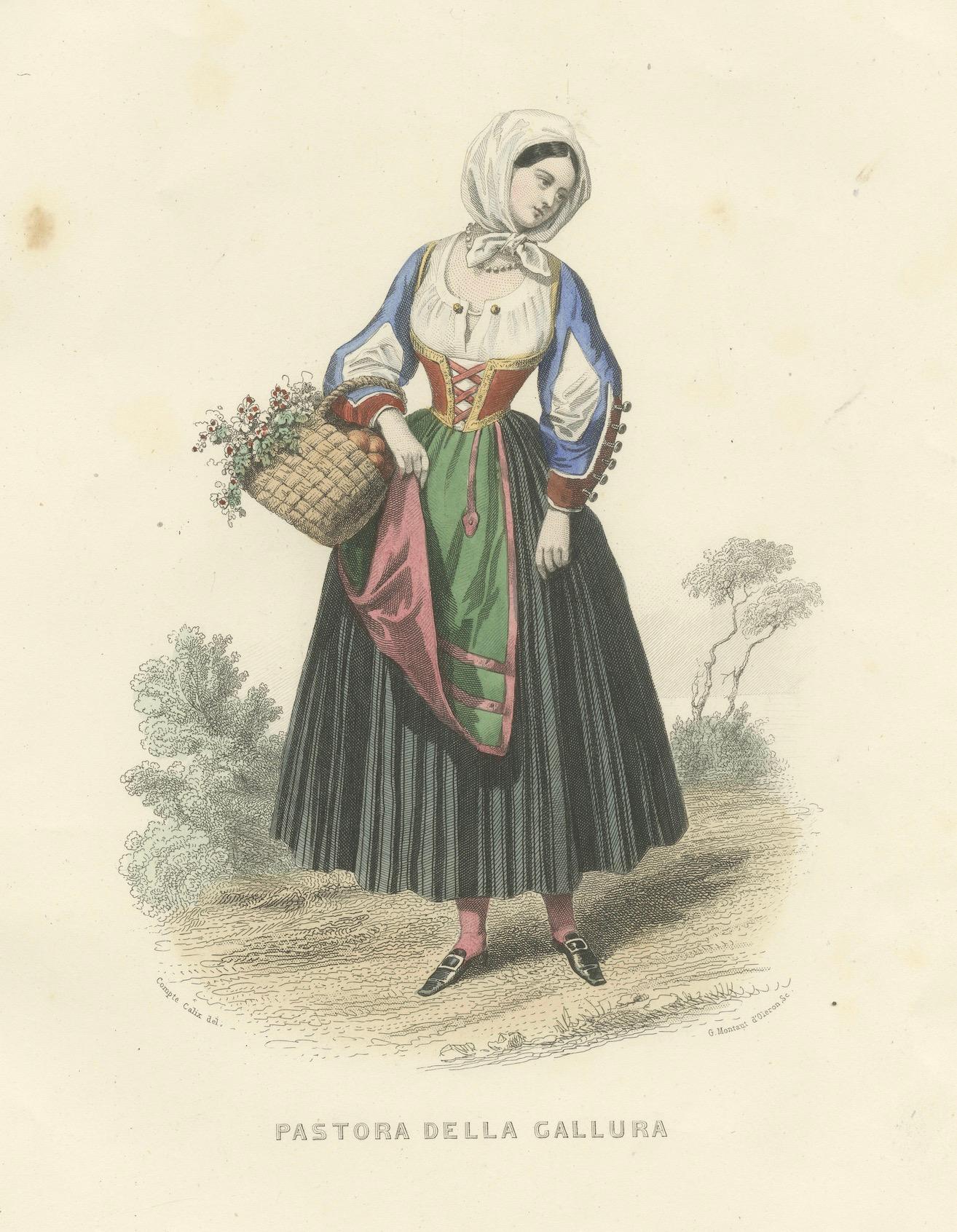 Sardische Hirtin Druck Gallura Italien 1853 von Compte Calix - Handkoloriert (Papier) im Angebot