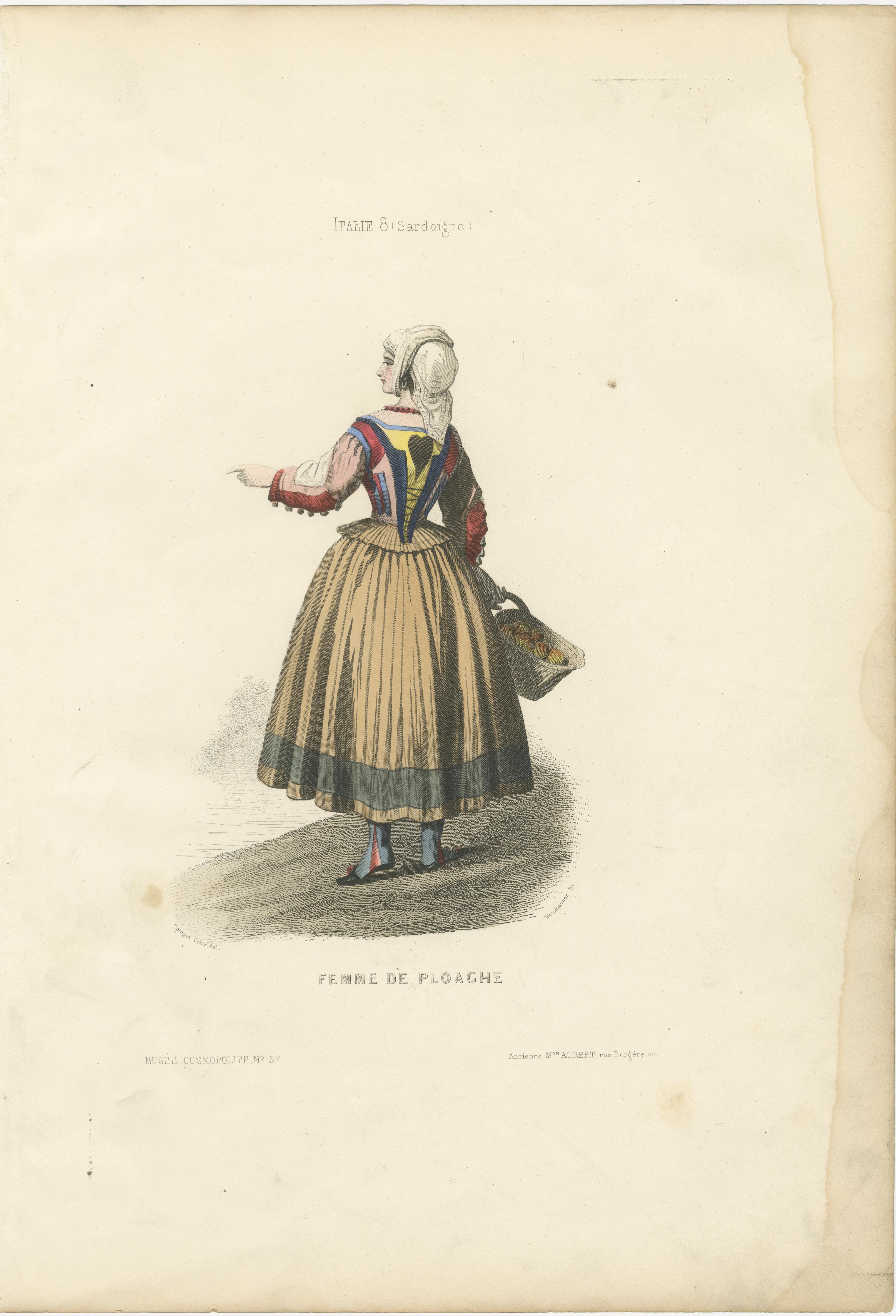 Sardische Frau Druck Ploaghe Italien 1853 von Compte-Calix - Handkolorierte Lithographie

Dieser elegante antike Druck zeigt eine Frau aus Ploaghe in Sardinien, Italien (Femme de Ploaghe), in traditioneller regionaler Tracht. Es wurde von François