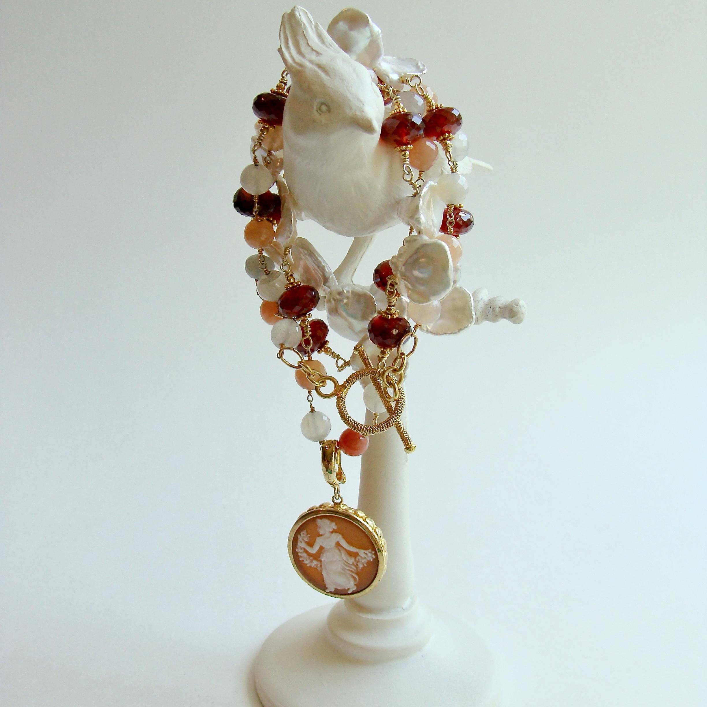 Neoclassical Sardonyx Cameo Pendant & Moonstone, Hessonite & Petal Pearls Necklace - Sardinia For Sale