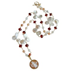 Sardonyx Cameo Pendant & Moonstone, Hessonite & Petal Pearls Necklace - Sardinia