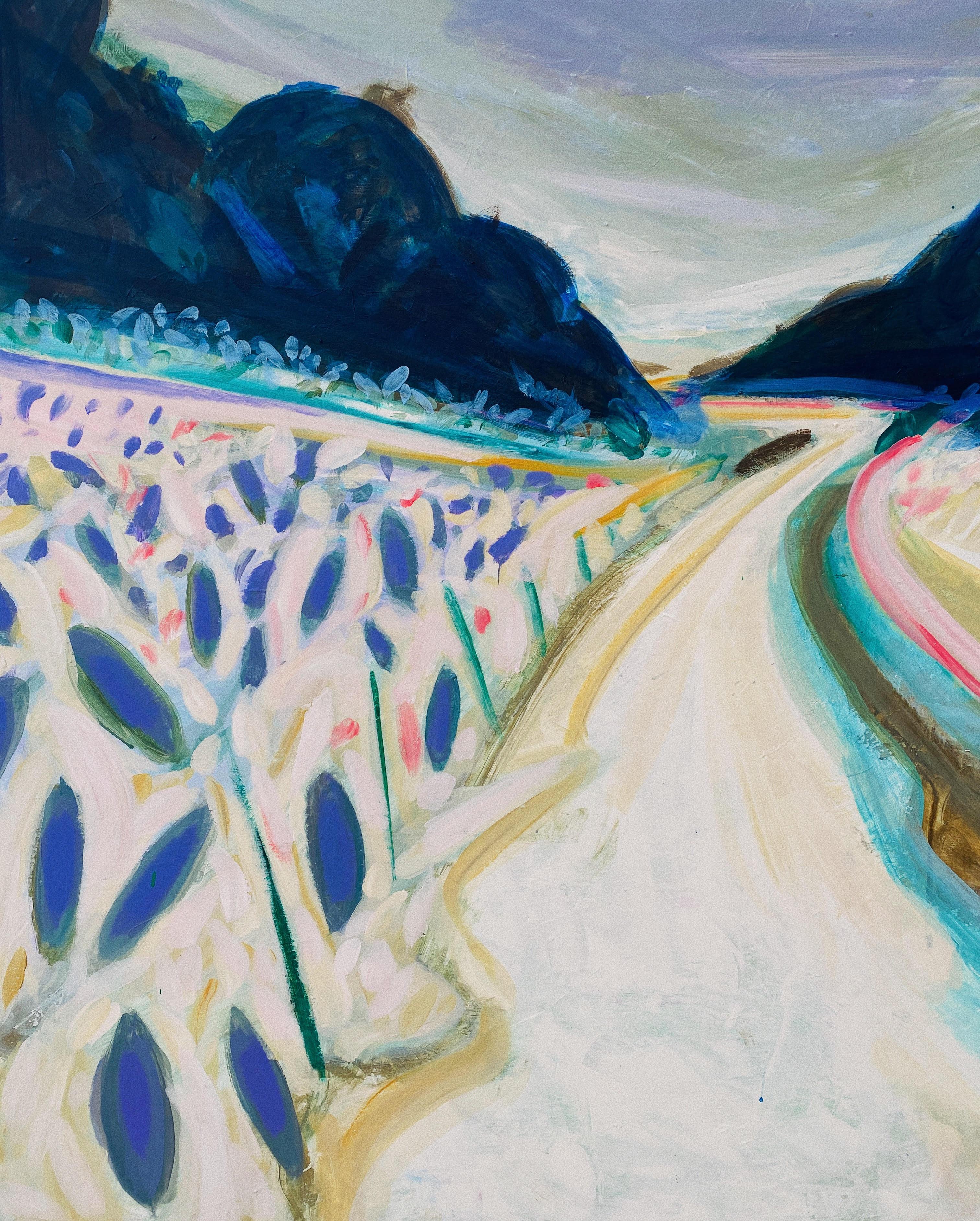Paysage d'hiver - peinture abstraite réalisée en bleu, rose, turquoise - Painting de Sardor Erkinov