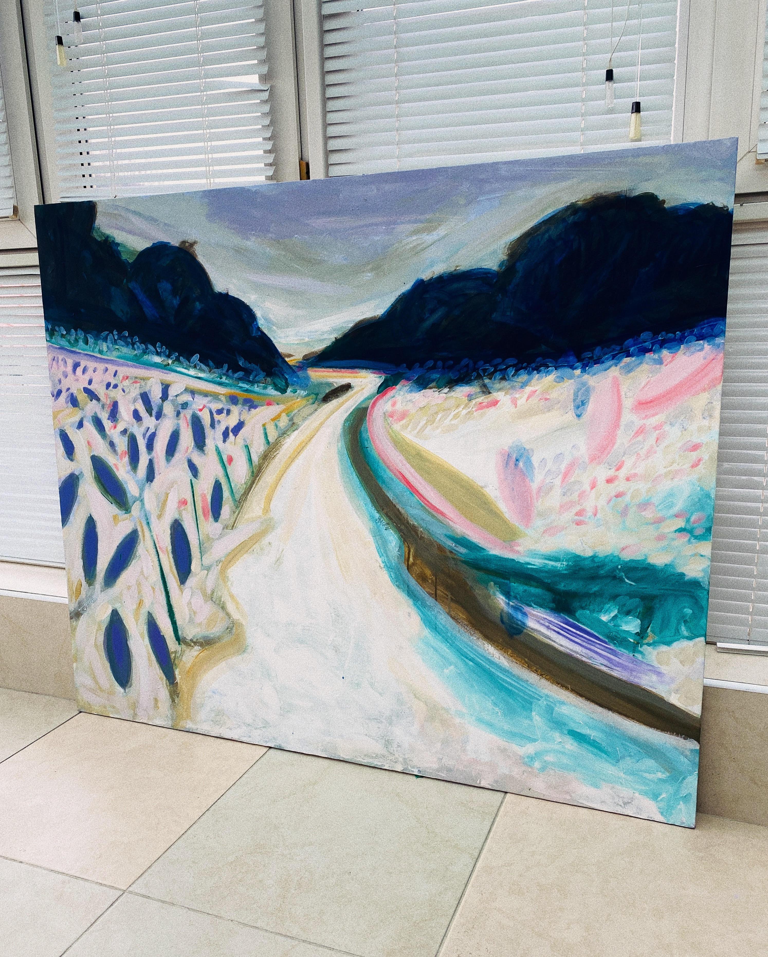 Paesaggio invernale - quadro astratto realizzato in blu, rosa e turchese - Abstract Painting Grigio di Sardor Erkinov