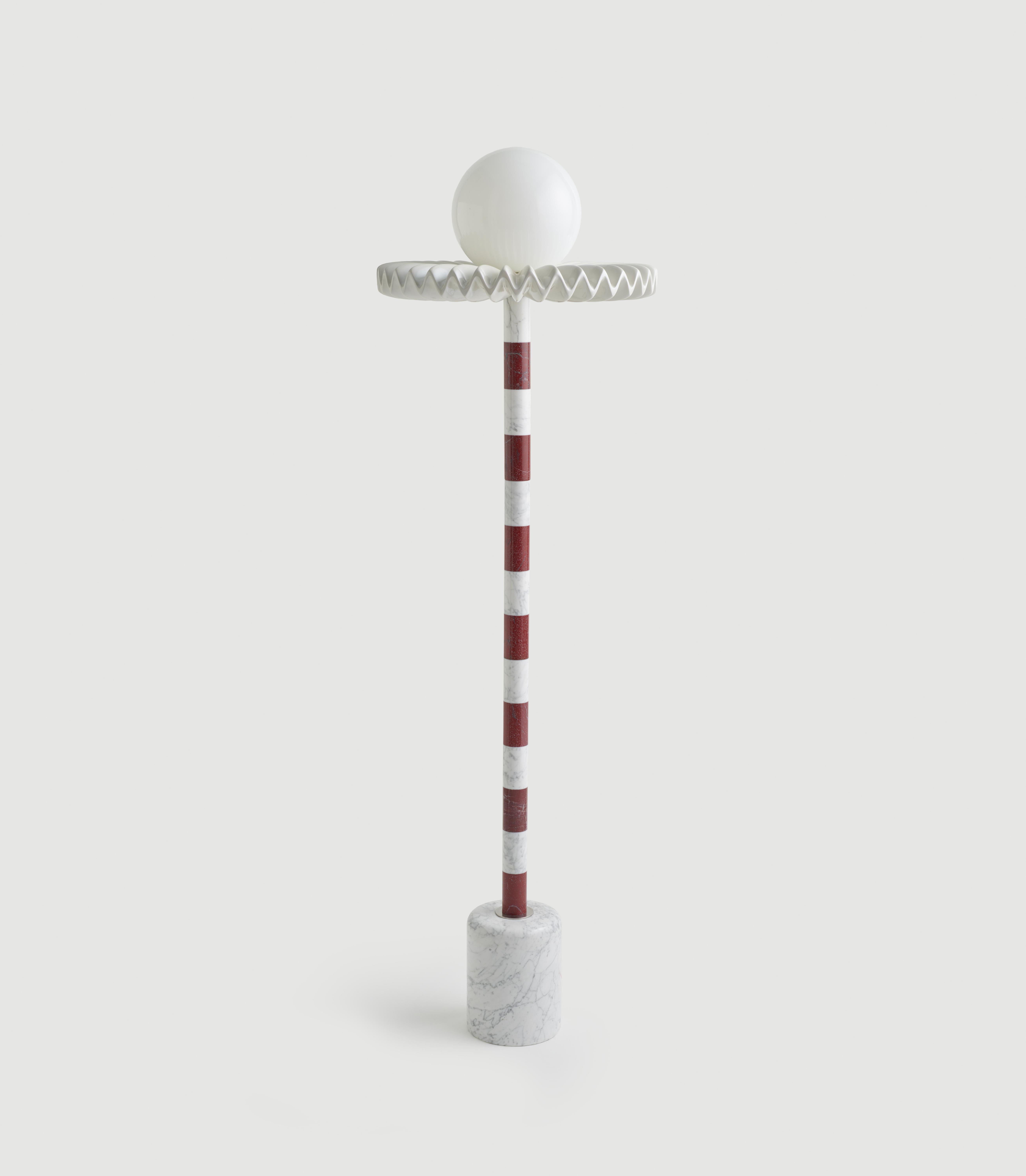 Sare Lamp by Merve Kahraman

White and cherry marble, milk glass and hand painted glass, and polyurethane ruff finished in pearl paint and polished chrome.

21